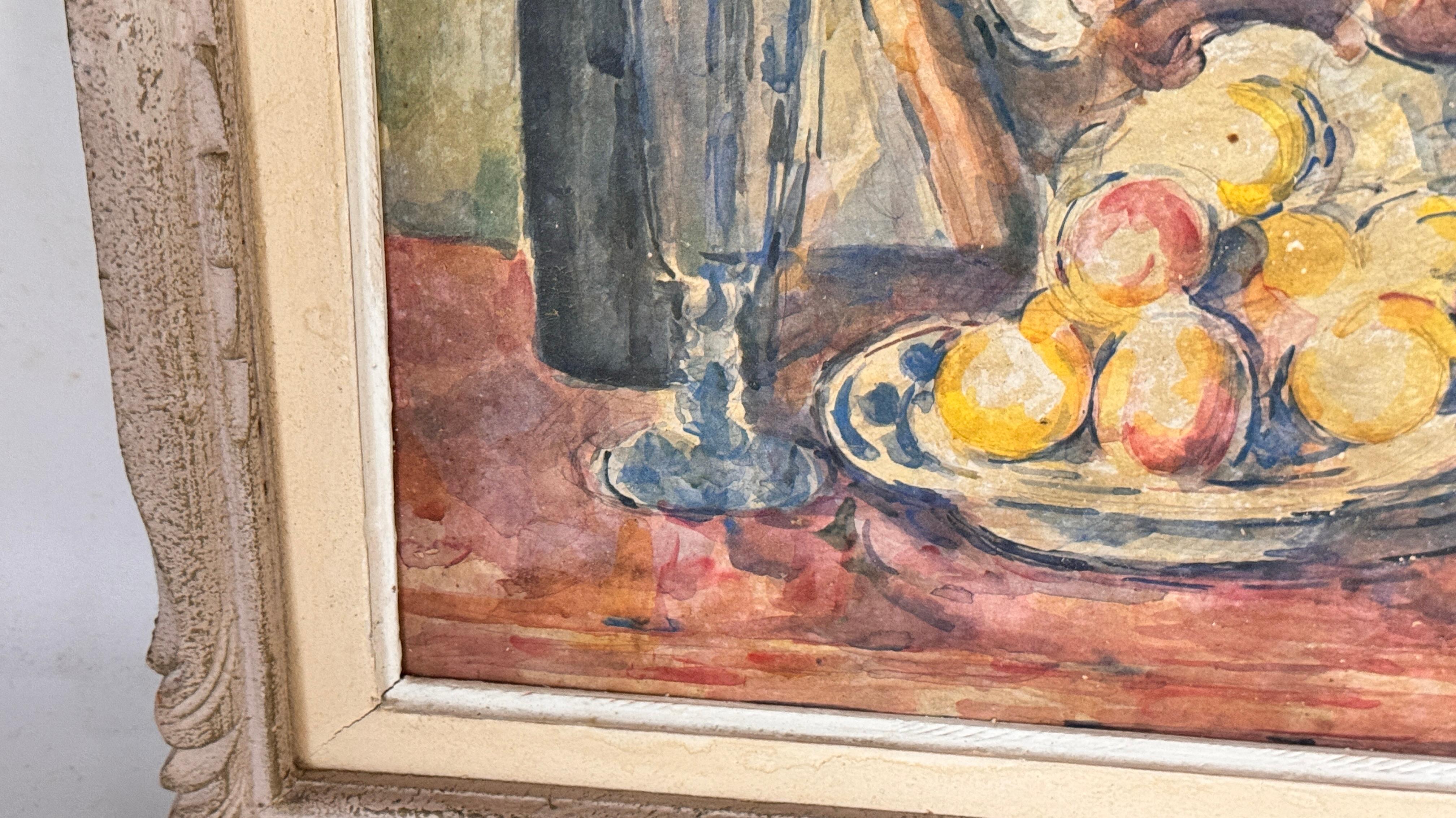 Französisches Stillleben Ölgemälde - Bunte Früchte, Weinflasche - CIRCA 1960 im Angebot 2