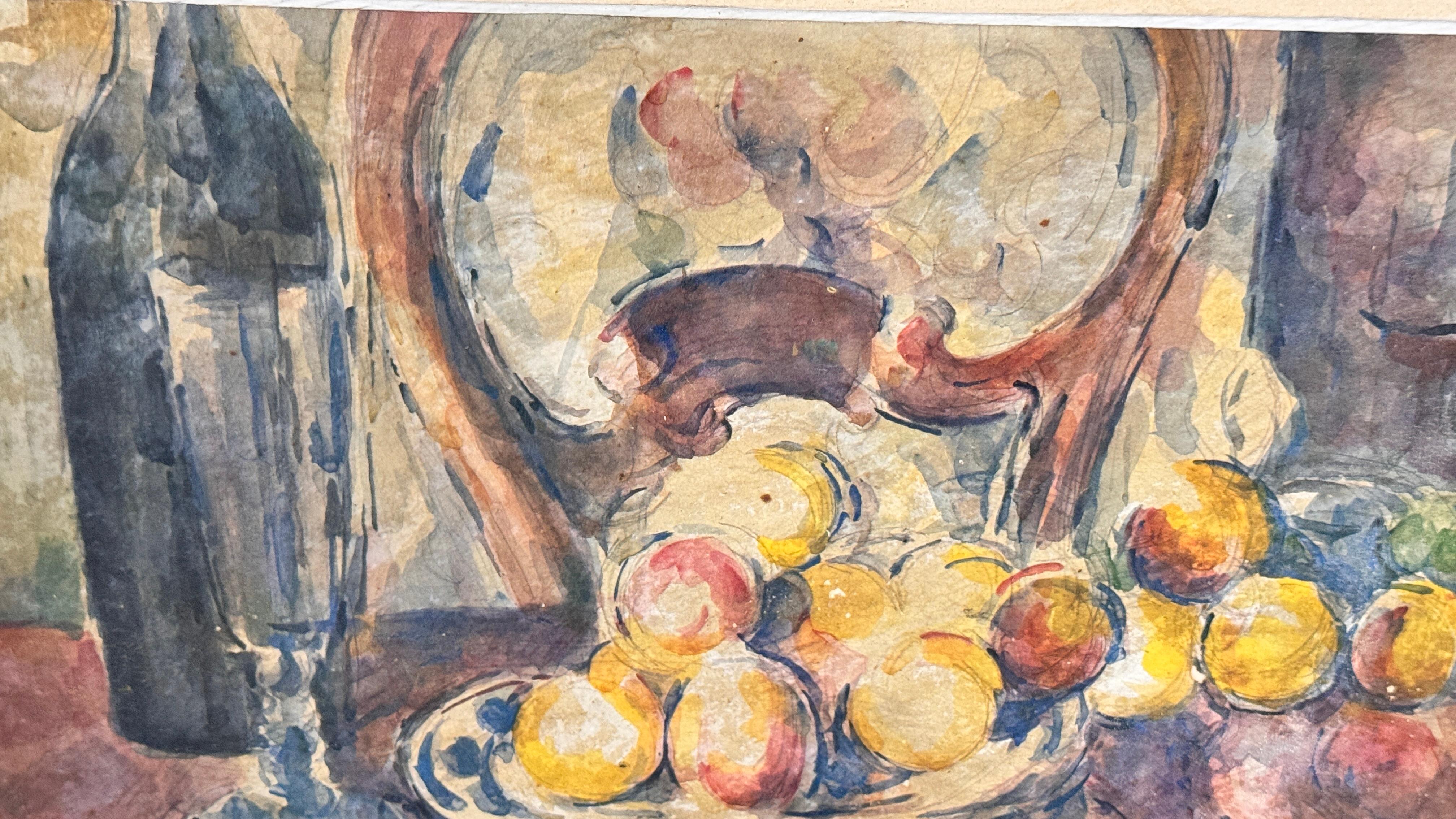 Französisches Stillleben Ölgemälde - Bunte Früchte, Weinflasche - CIRCA 1960 im Angebot 3