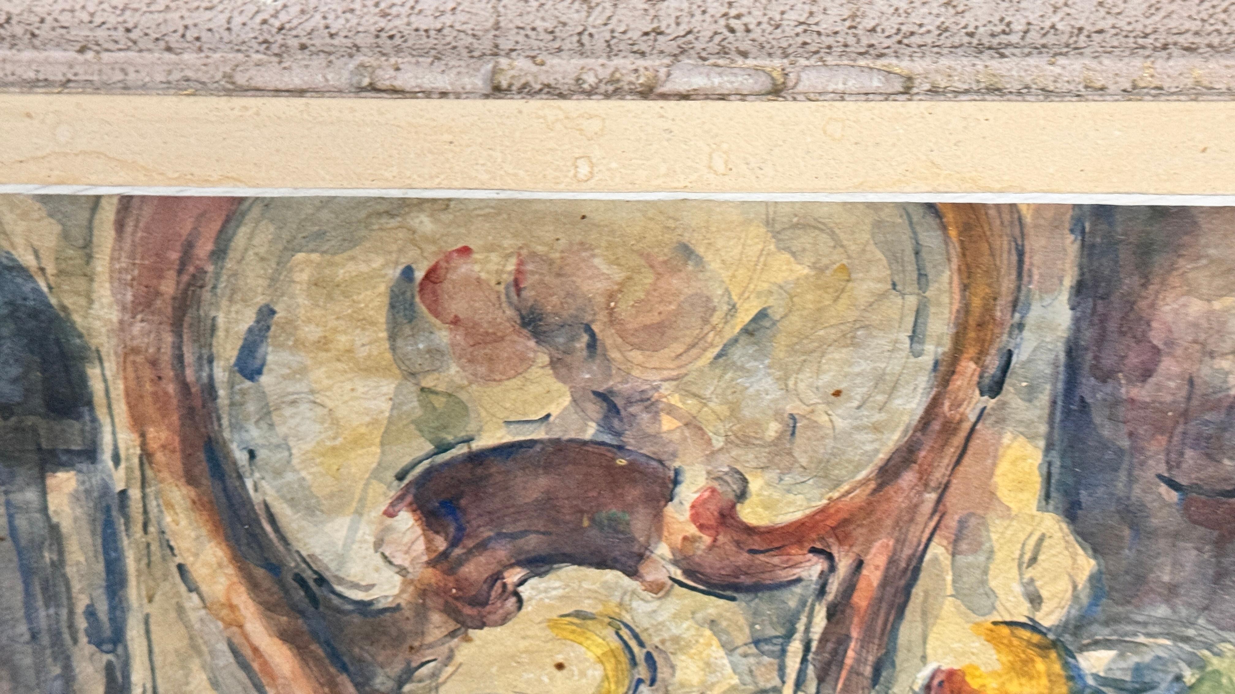 Französisches Stillleben Ölgemälde - Bunte Früchte, Weinflasche - CIRCA 1960 im Angebot 4