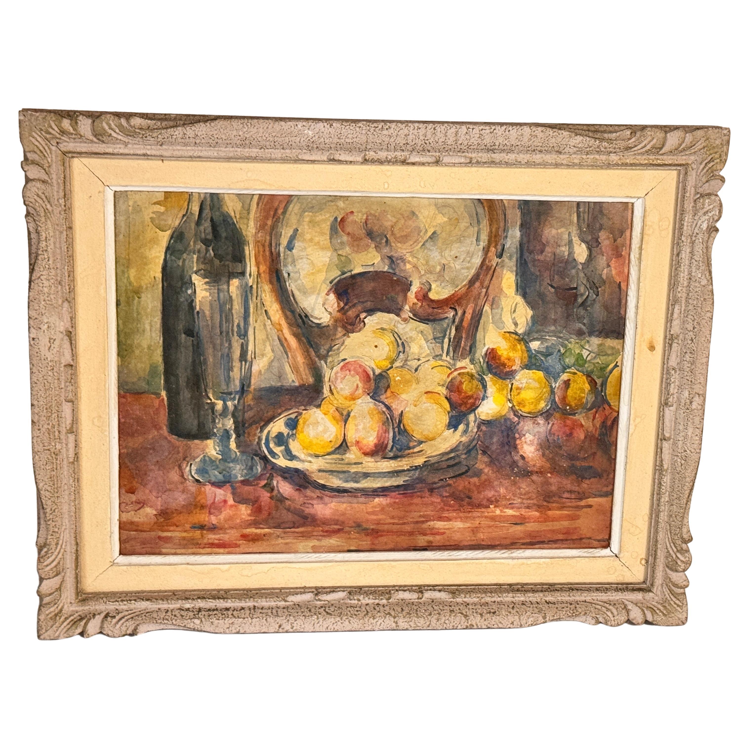 French Still Life Oil Painting – Colorful Fruits, Wine Bottle – Circa 1960