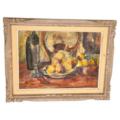 French Still Life Oil Painting – Colorful Fruits, Wine Bottle – Circa 1960