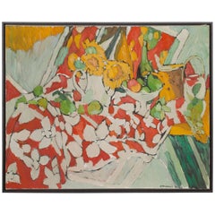 French Still Life Oil Painting of Sun Flowers with a Fruit Bowl and Pitcher