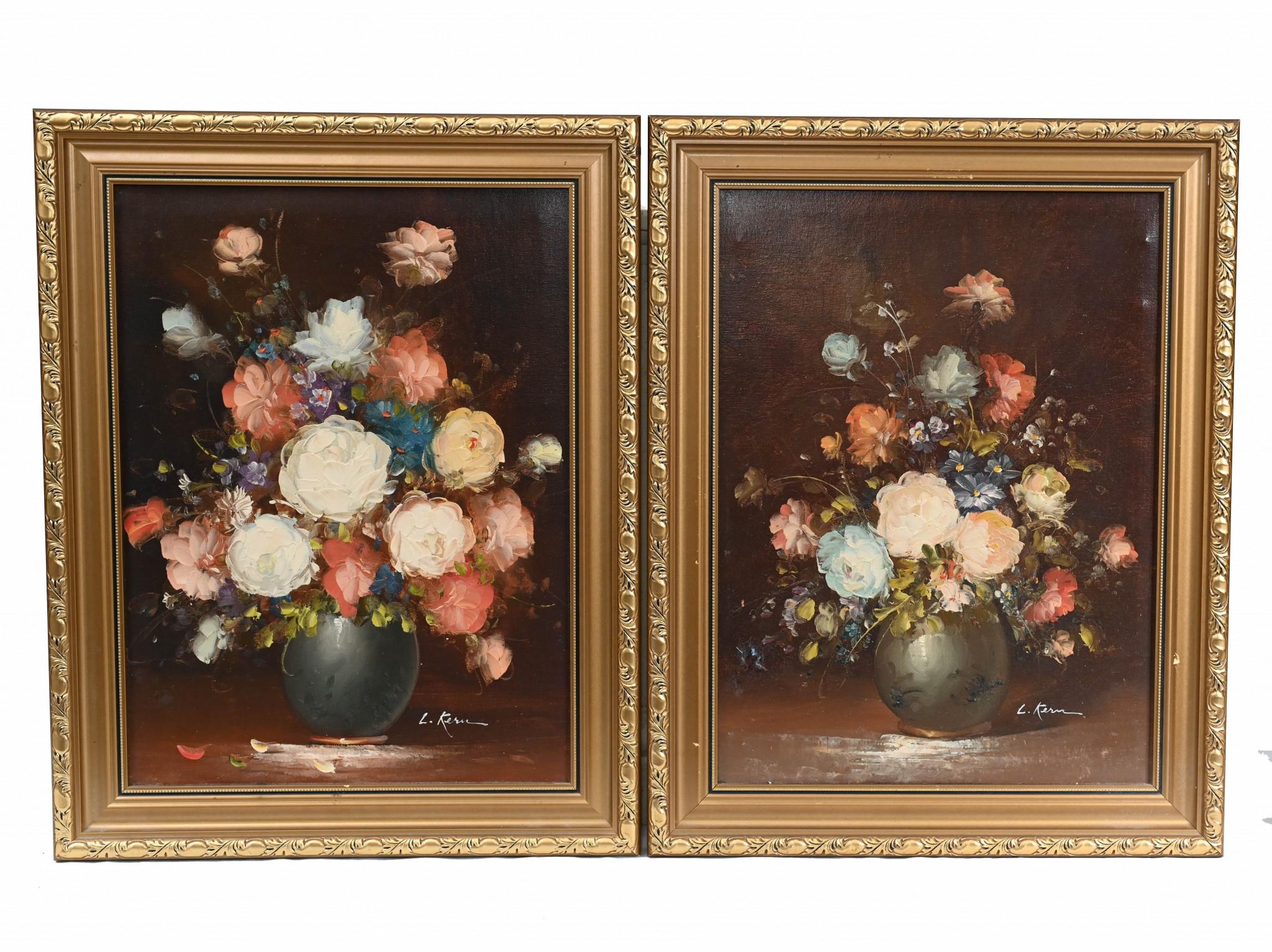 Delightful pair of matching French oil paintings 
Very colourful pair of floral still lives with vivid flowers
Ready to add light and energy to any room
Very detailed brushwork, the work of a talented artist
Bought from a dealer on Marche Biron at