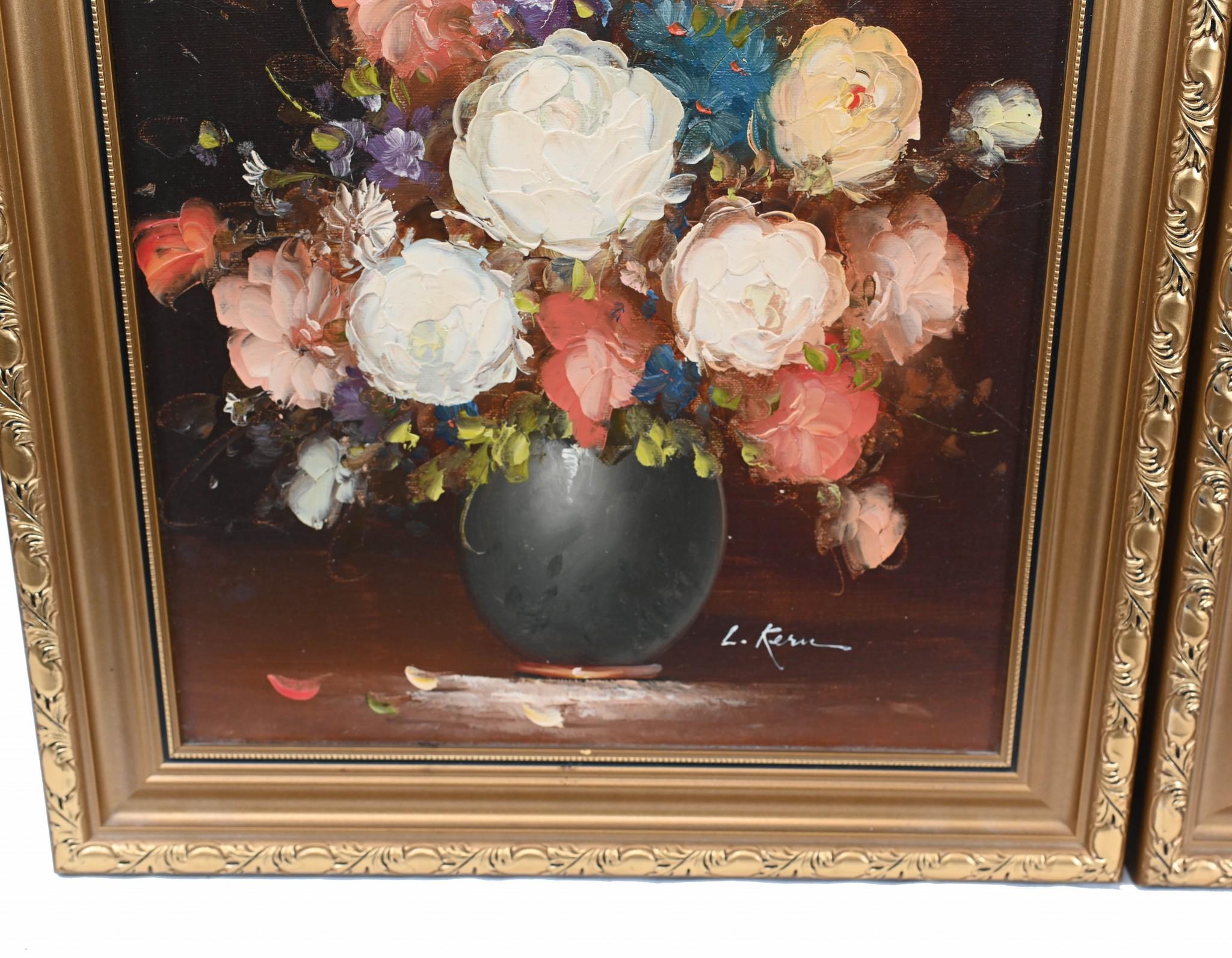 Late 20th Century French Still Life Oil Paintings Pair Floral Art Gilt Frame For Sale