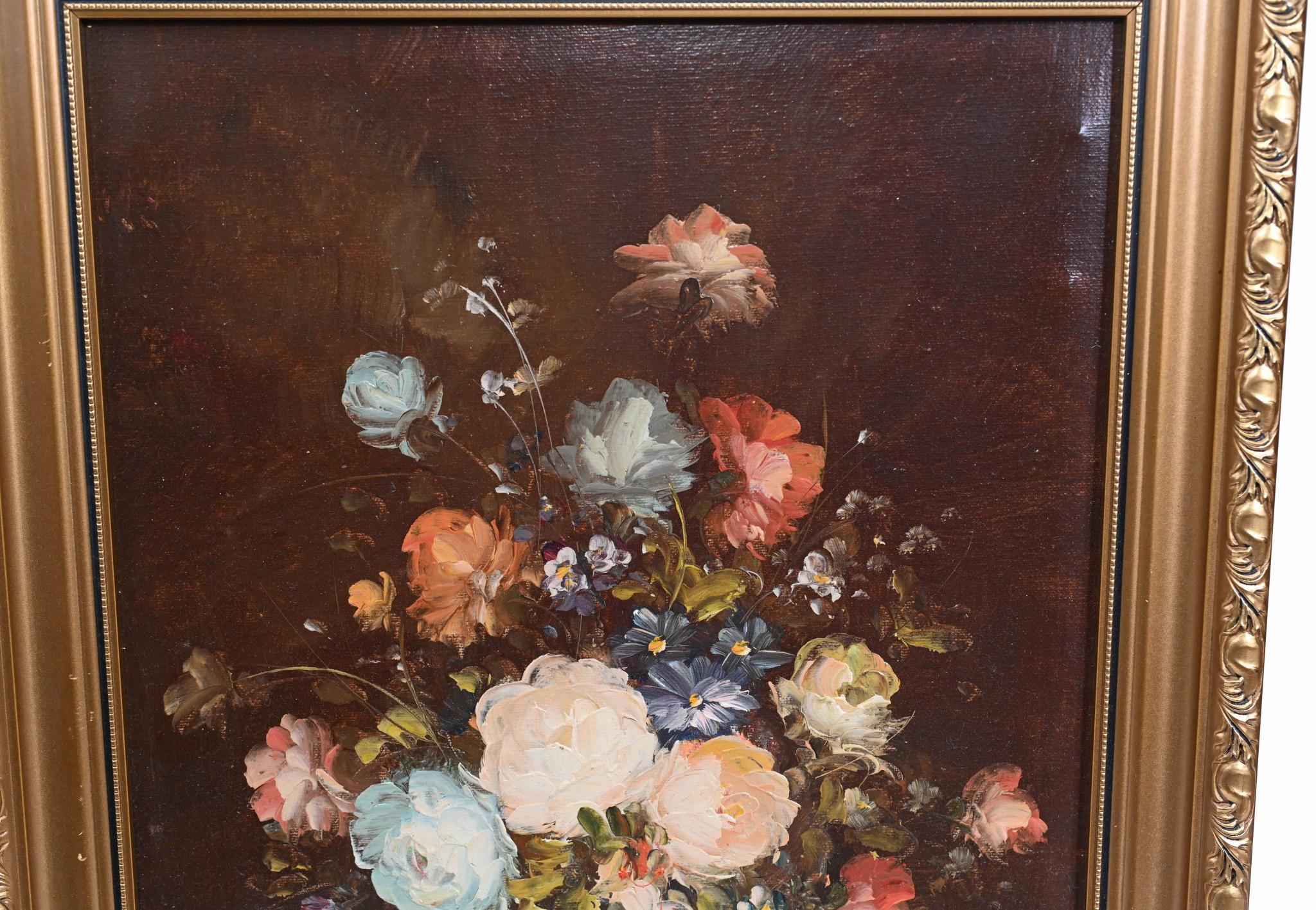 French Still Life Oil Paintings Pair Floral Art Gilt Frame For Sale 2