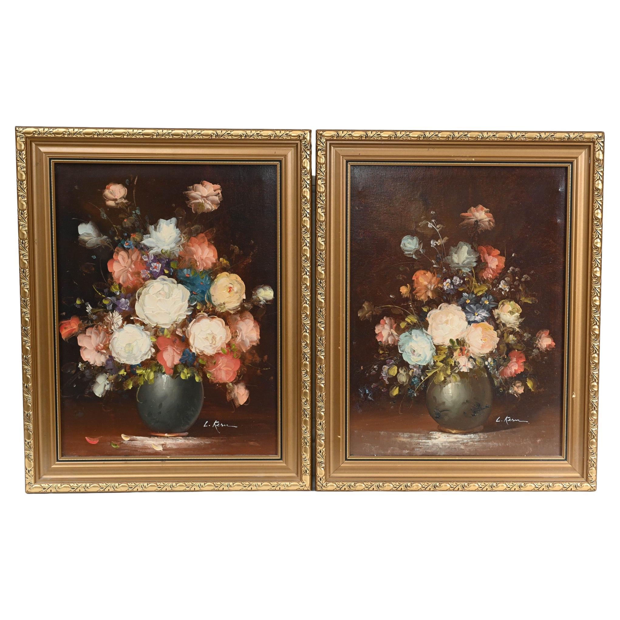 French Still Life Oil Paintings Pair Floral Art Gilt Frame For Sale