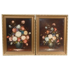 French Still Life Oil Paintings Pair Floral Art Gilt Frame