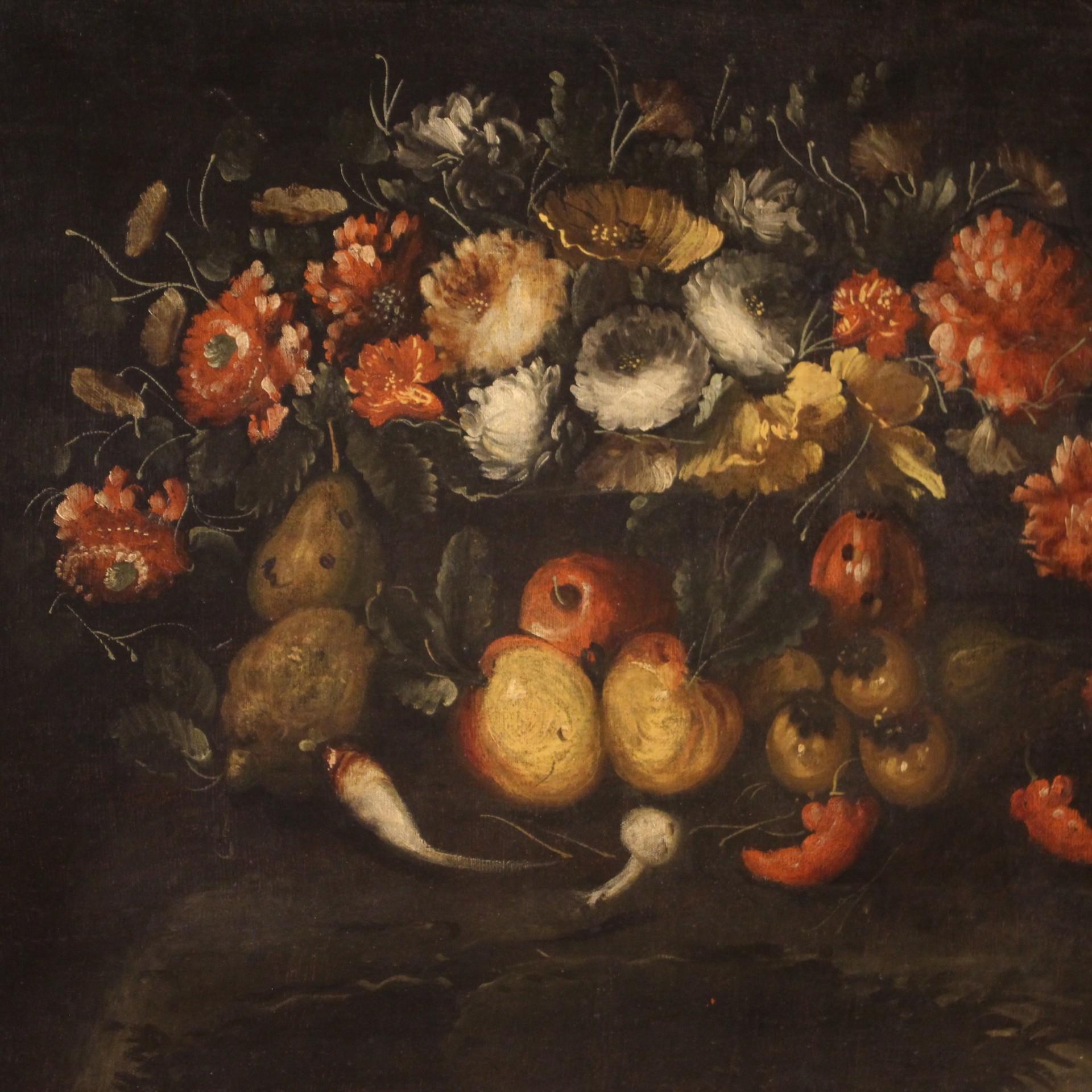 French painting of the late 19th century, early 20th century. Opera oil on canvas depicting rich 
still life with flowers and fruit on dark background. Framework of good pictorial quality, for
antiquarians and collectors, of beautiful size and
