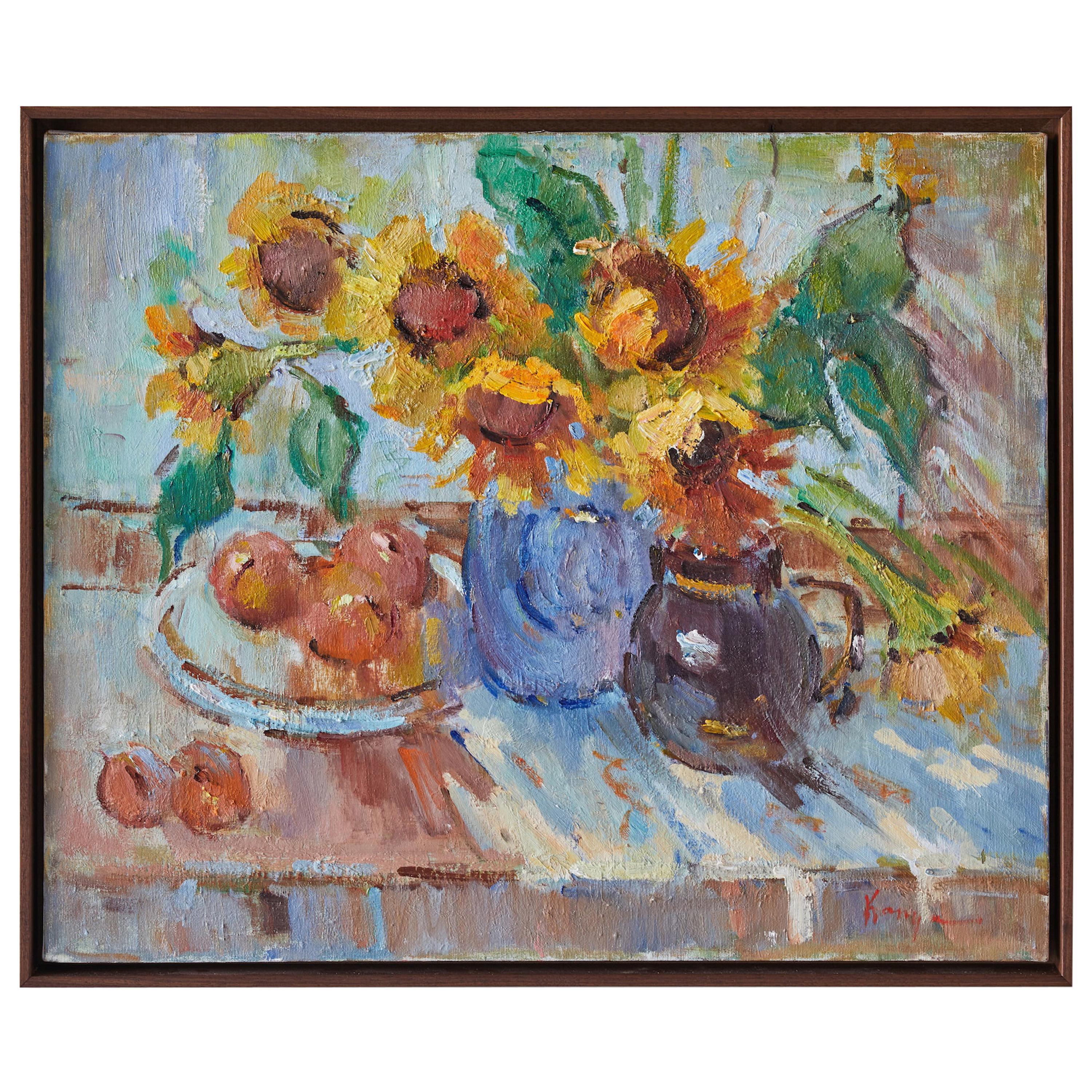 French Still Life Painting of Sunflowers