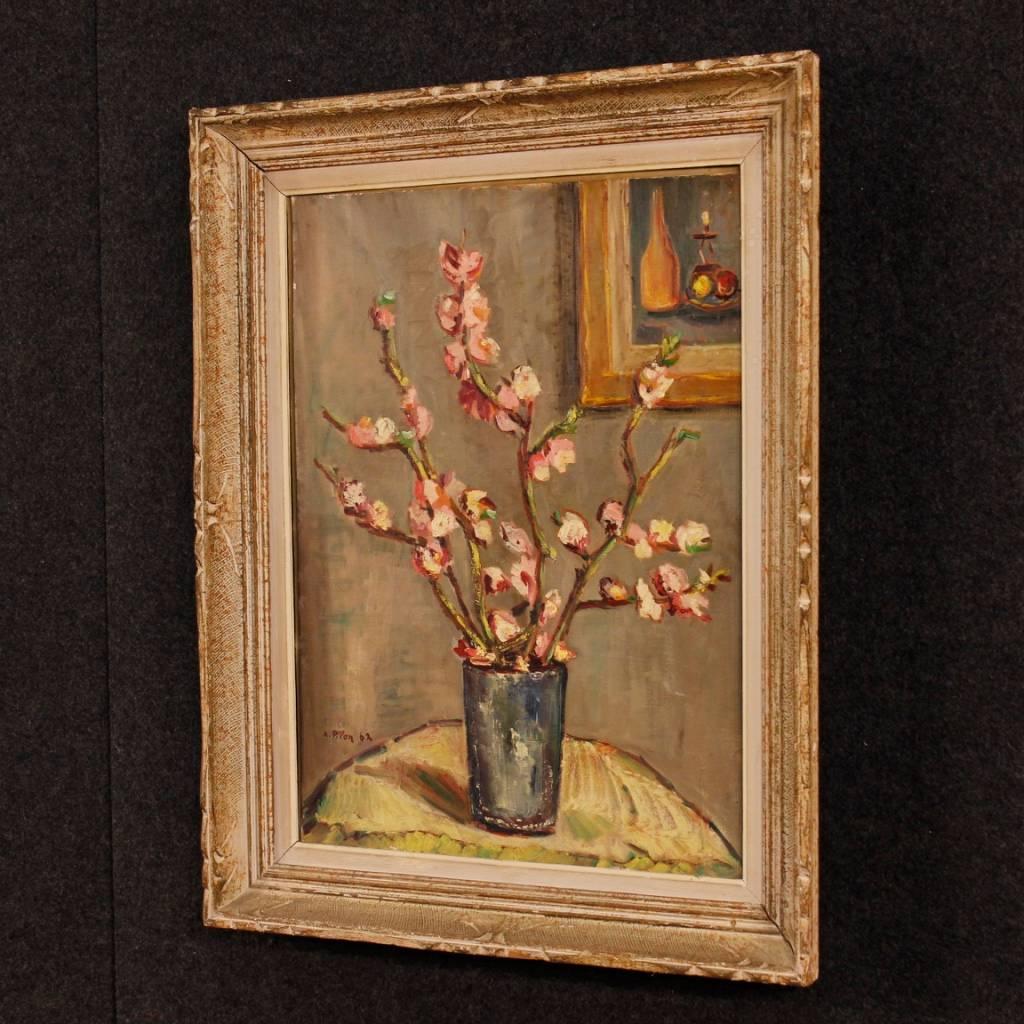 French Still Life Painting Oil on Cardboard Vase with Flowers from 20th Century 5