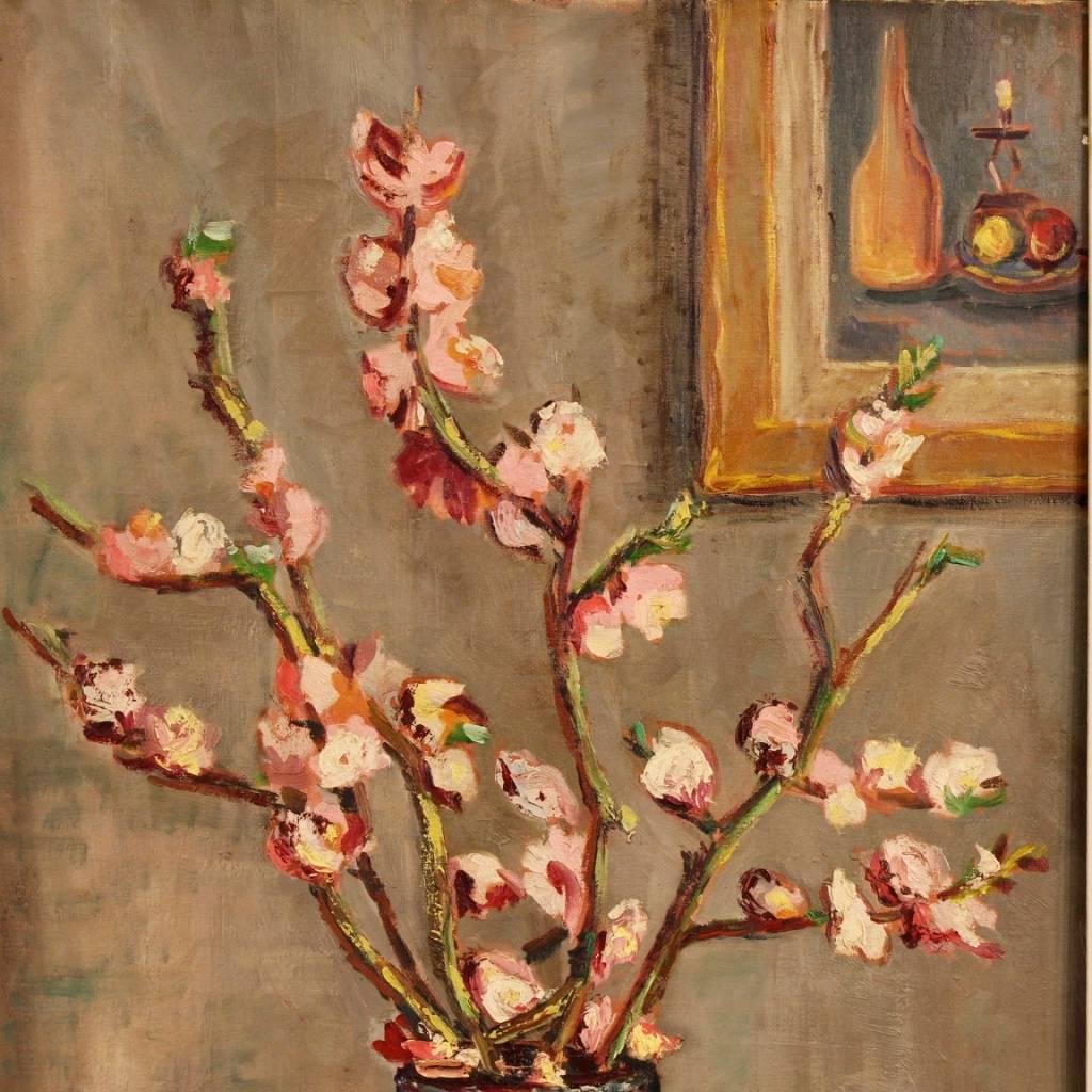 French Still Life Painting Oil on Cardboard Vase with Flowers from 20th Century In Good Condition In Vicoforte, Piedmont