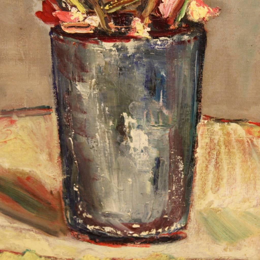 Wood French Still Life Painting Oil on Cardboard Vase with Flowers from 20th Century