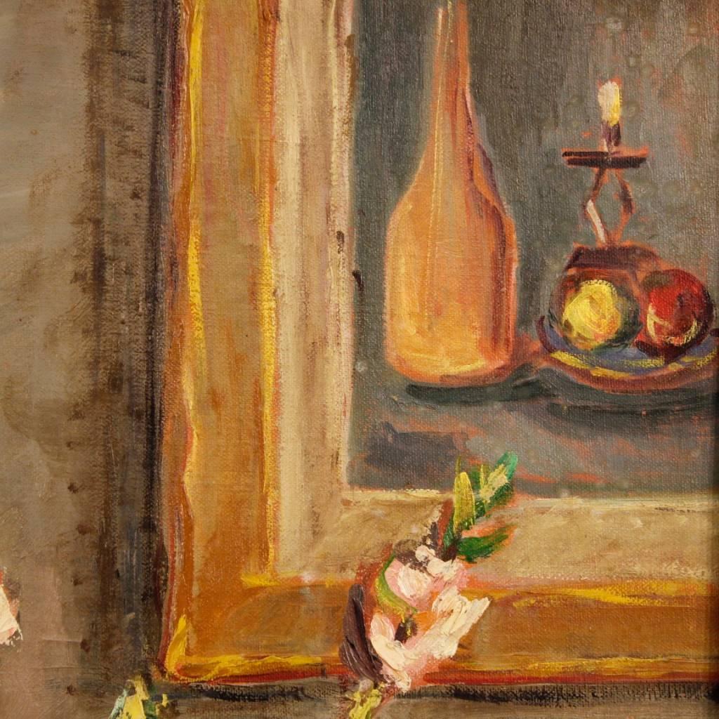 French Still Life Painting Oil on Cardboard Vase with Flowers from 20th Century 2