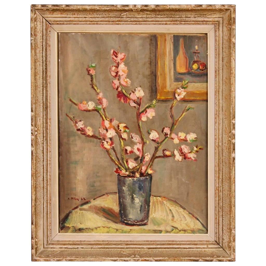French Still Life Painting Oil on Cardboard Vase with Flowers from 20th Century