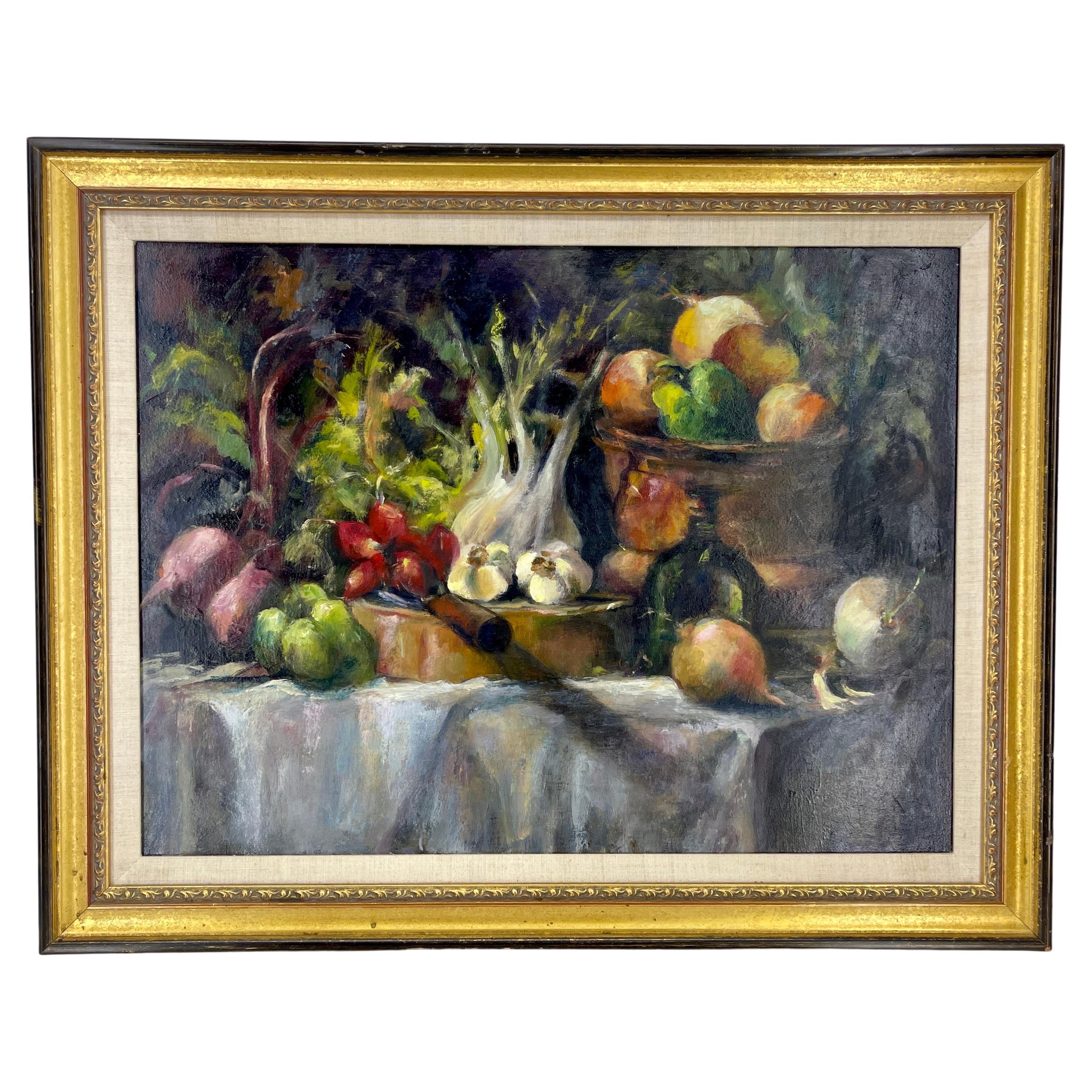 Nature morte encadrée, peinture à l'huile sur toile avec une variété de légumes, France

Nature morte du 20e siècle représentant une abondance de légumes sur une table drapée d'une nappe blanche. Des oignons, des poivrons rouges et verts sortent de