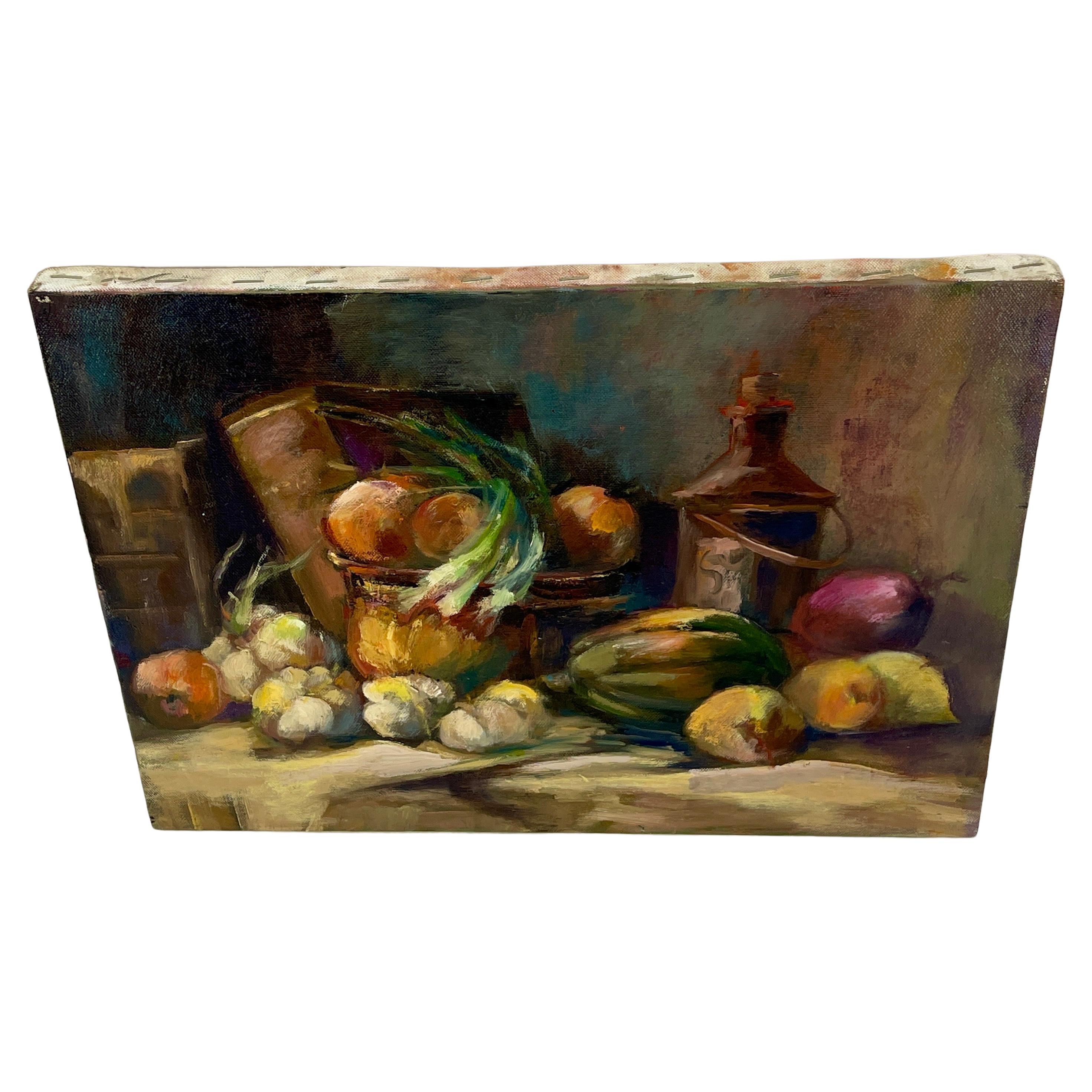 Still Life Oil Painting on Canvas with Variety of Vegetables, France

A very lifelike rendering of a European countryside kitchen or workstation. This 20th Century still life painting features an abundance of vegetables casually strewn across the