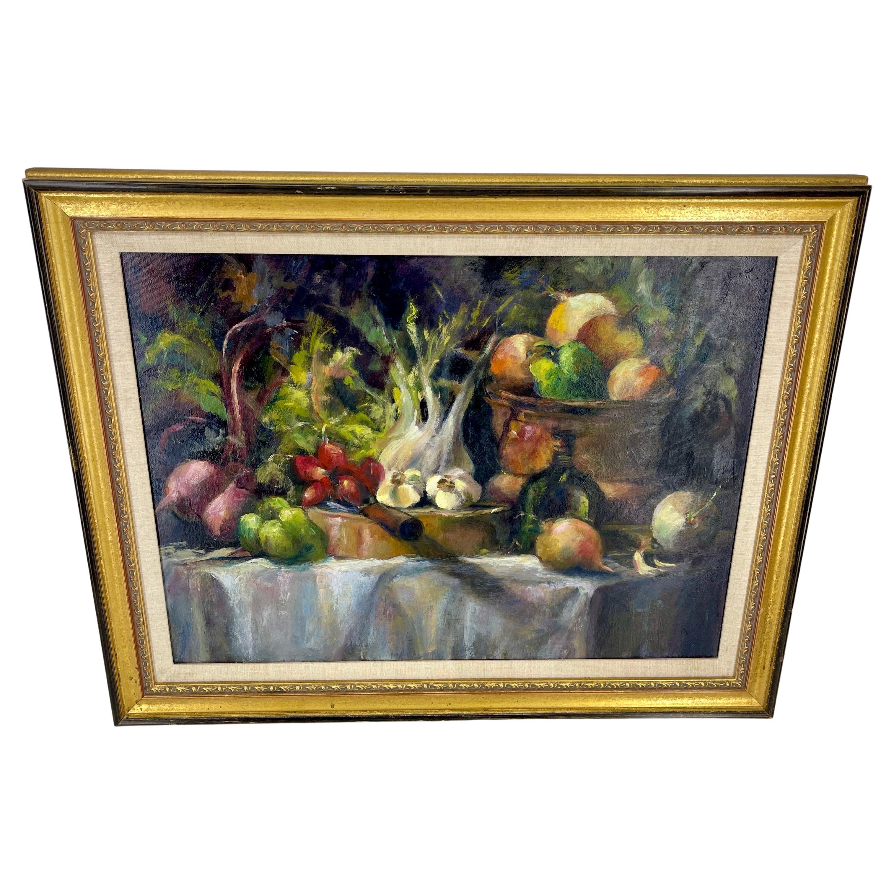 French Provincial French Still Life with Vegetables, Framed Oil Painting on Canvas  For Sale