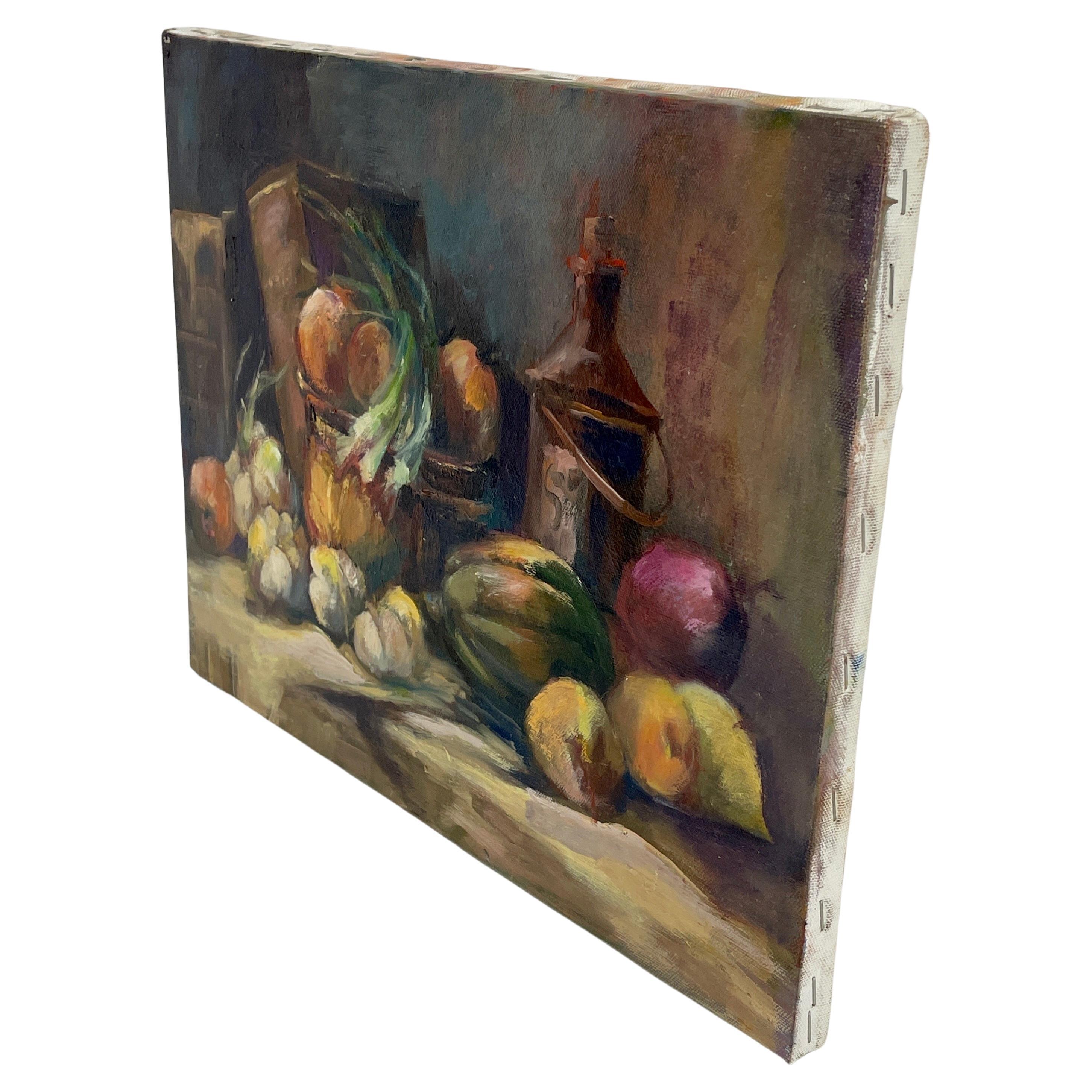 French Provincial French Still Life with Vegetables, Oil Painting on Canvas For Sale