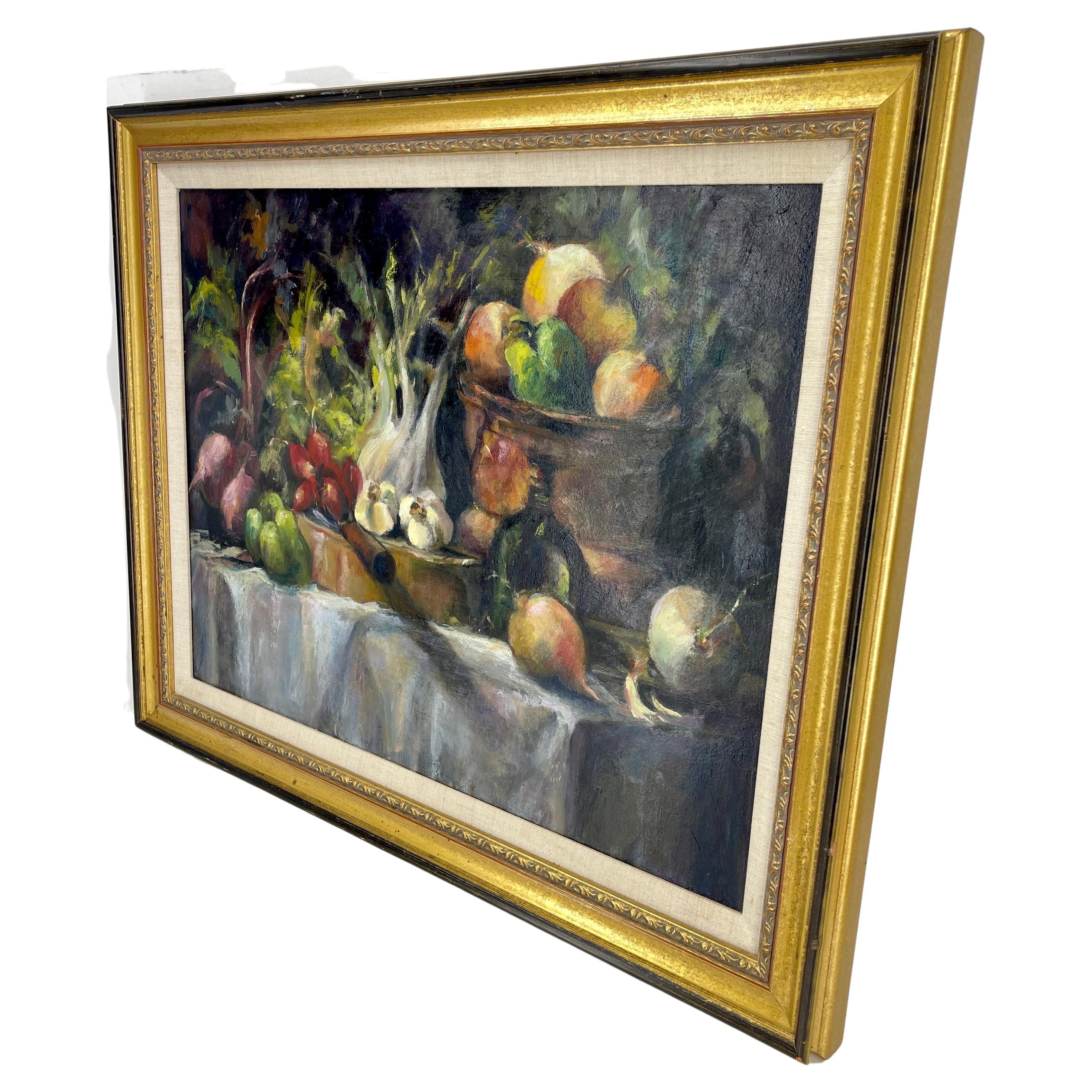 Hand-Painted French Still Life with Vegetables, Framed Oil Painting on Canvas