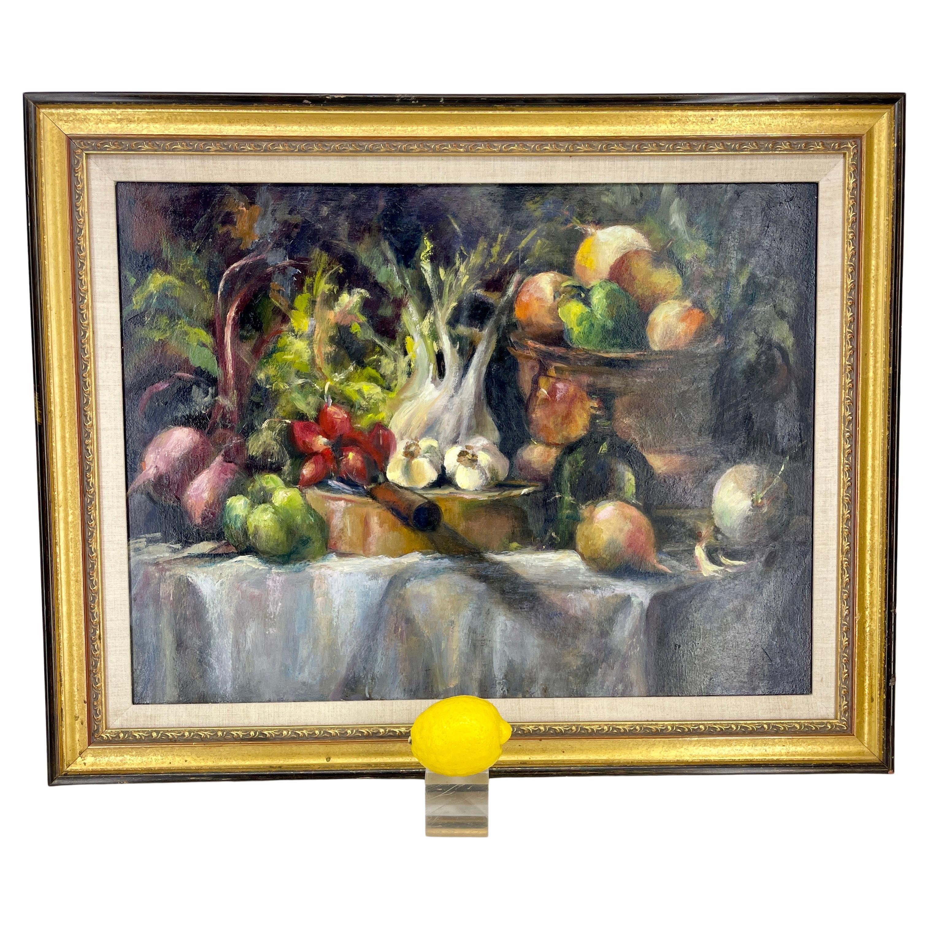 Nature morte aux légumes, peinture à l'huile sur toile encadrée  en vente