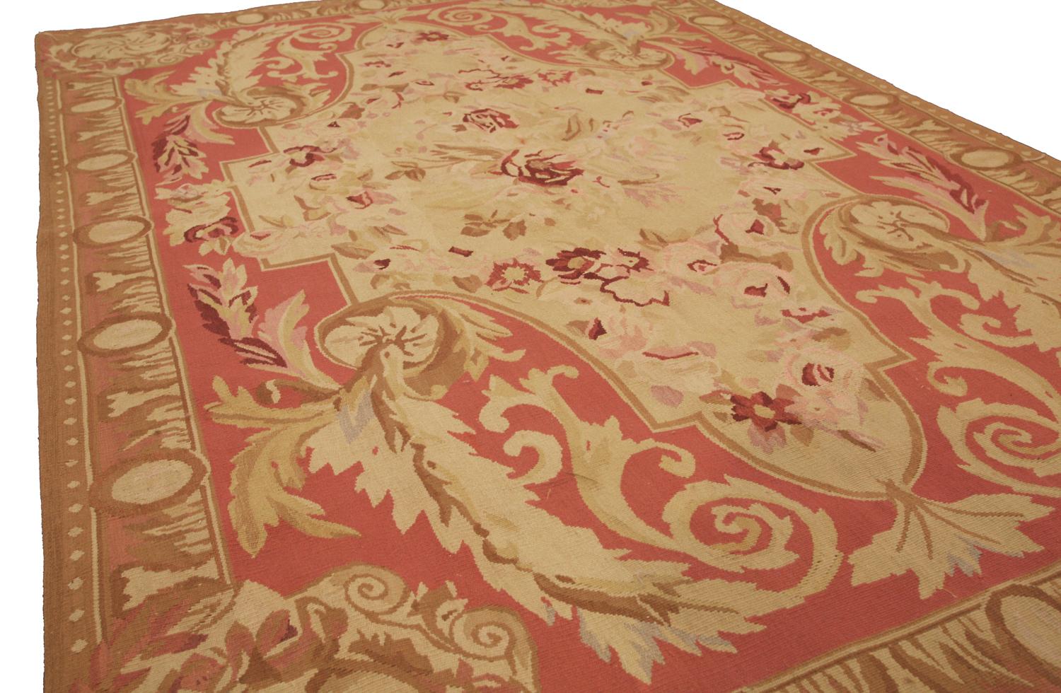 This French Style Aubusson flat-weave rug is a beautiful addition to any room. It features a nice color palette with elegant ornamentation of flowers, floats majestically on this classical french style aubusson. This rug is perfect for contemporary