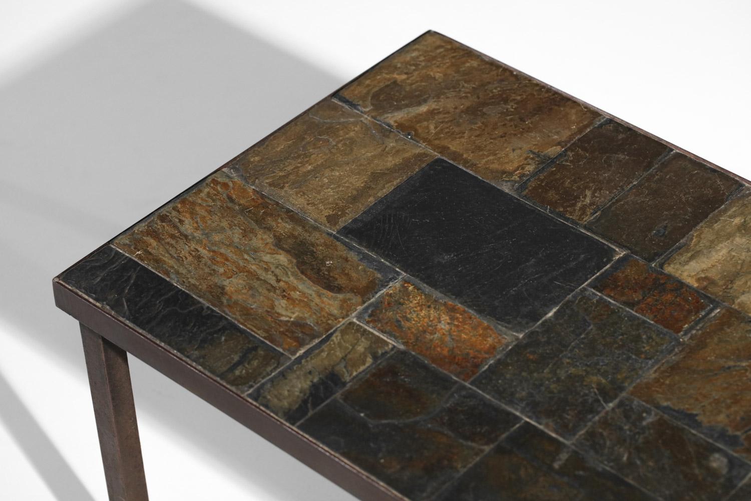 Small French coffee table from the 1950s. Metal base and top covered with lava stone tiles of different shades in a cameo of browns. Very nice vintage condition, tiles in good condition (photos).