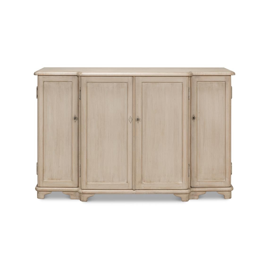 The classic breakfront design adds subtle interest, with an ogee molded edge top, a four-door compartment that provides practical storage space. Ideal for keeping dining essentials or as a living room organizer, this cabinet offers a straightforward