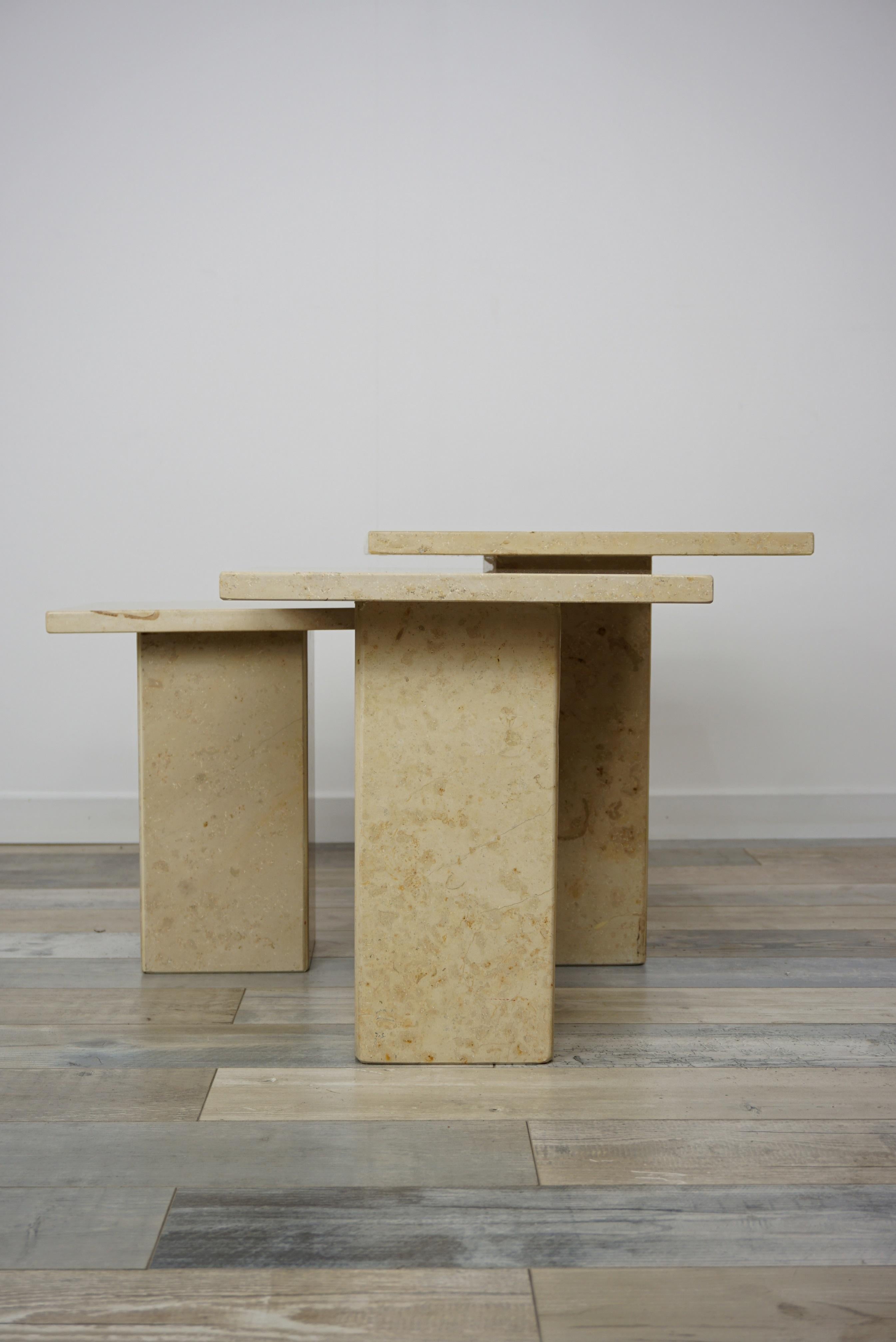 Travertine French Marble Stone Side Tables Gigogne Set For Sale 5