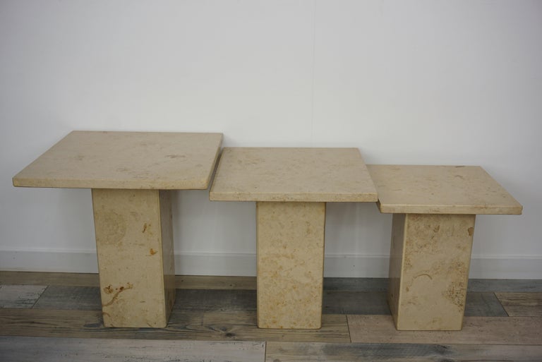 French stone Pierre de bourgogne side tables set 

Measures; H42cm, 40cm, 40cm for the big one
H38.5cm, 35.5cm, 35.5cm
H35cm, 30cm, 30cm

Each feet dimensions are 16cm, 16cm.