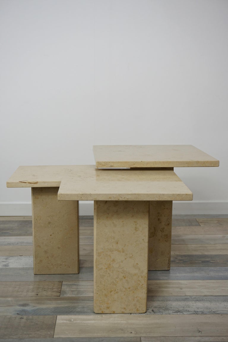 Travertine French Marble Stone Side Tables Gigogne Set In Good Condition For Sale In Tourcoing, FR