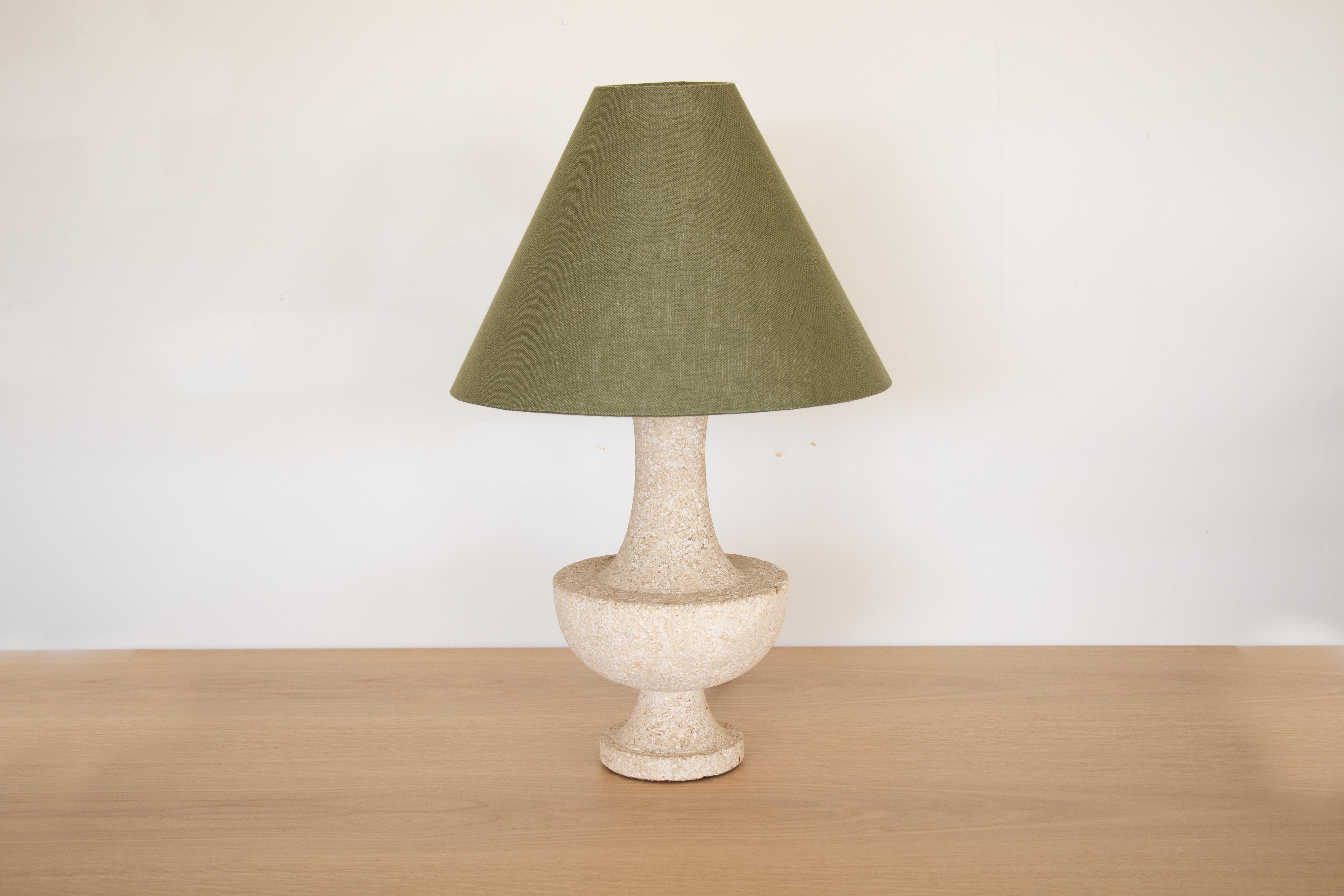 Vintage French white stone table lamp with new green linen shade. Newly re-wired. 

Measures: Base diameter 8