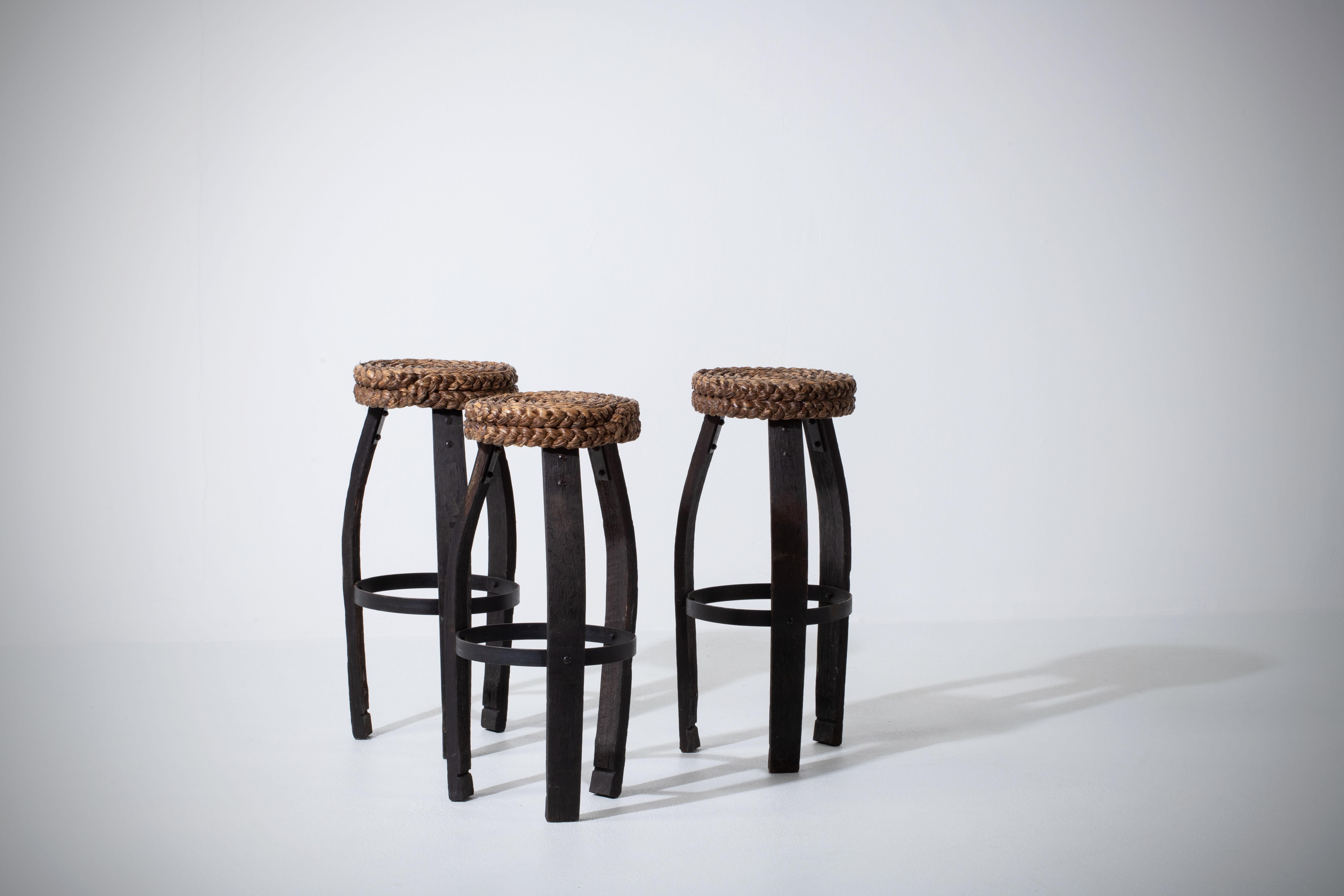 Raffia French Stool by Adrien Audoux & Frida Minet, 1950s For Sale