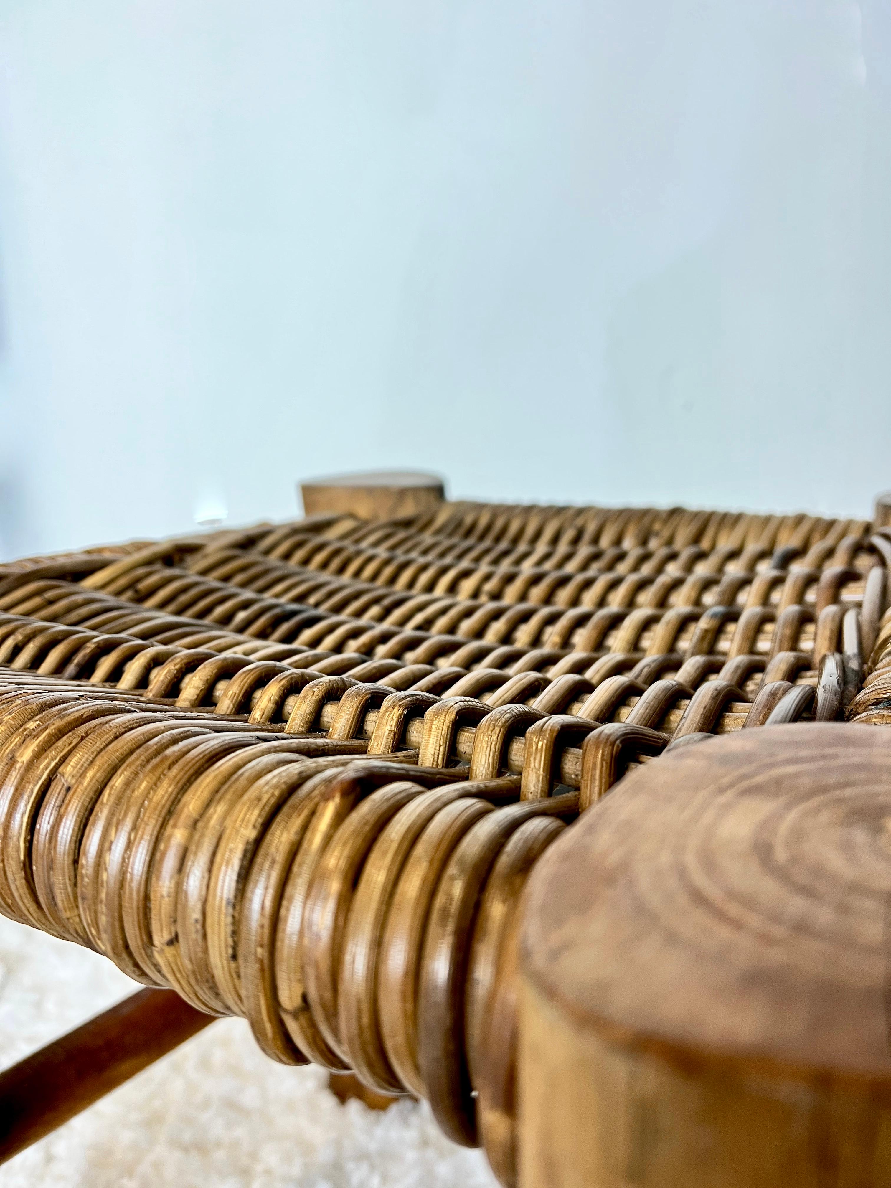 19th Century French stool in solid elm and rattan, 1950 For Sale