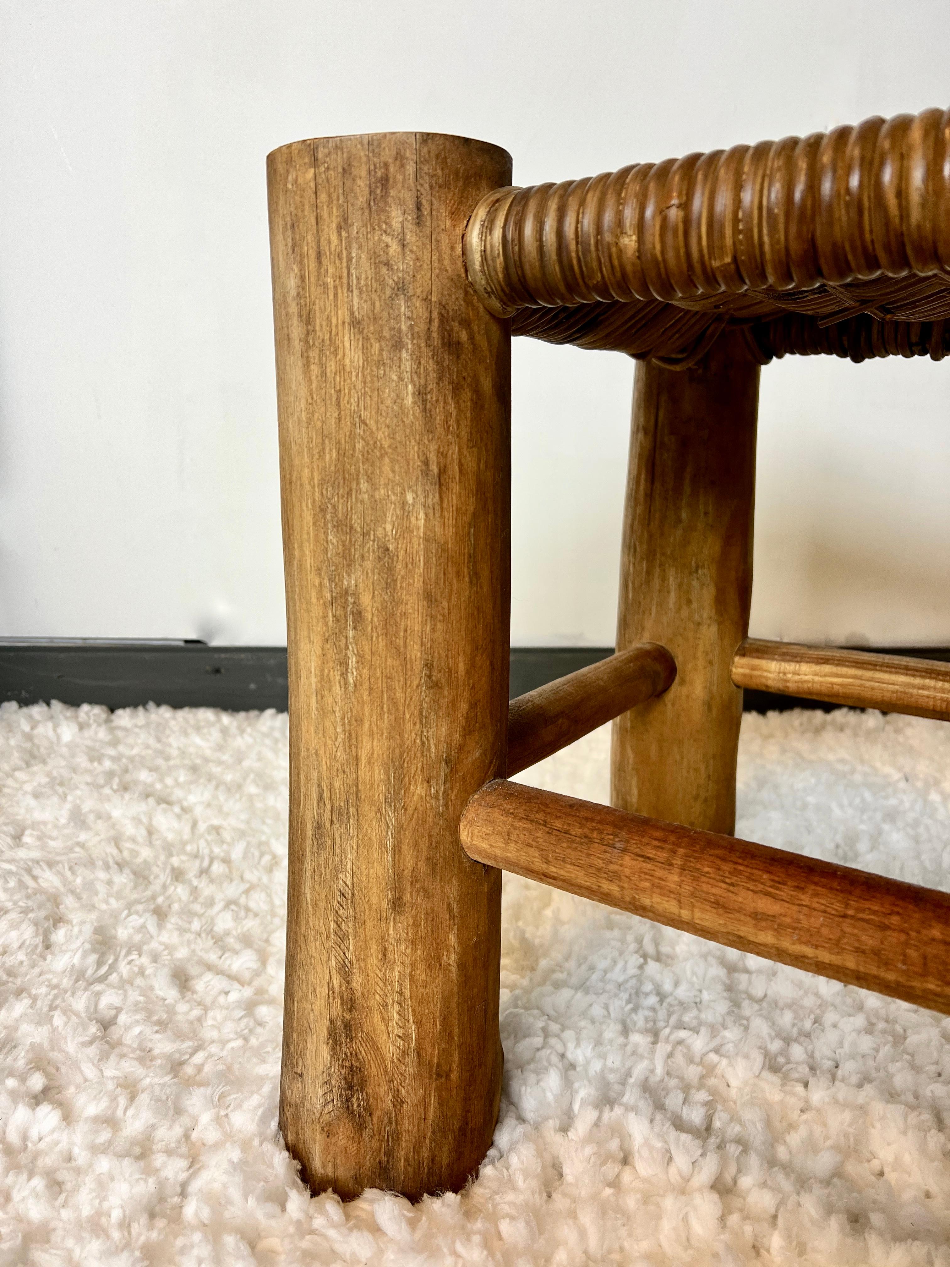 Rattan French stool in solid elm and rattan, 1950 For Sale