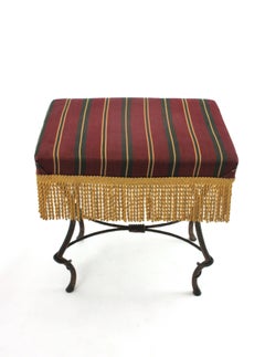 French Stool in Wrought Gilt Iron, Original Upholstery with Tassel Fringe, 1940