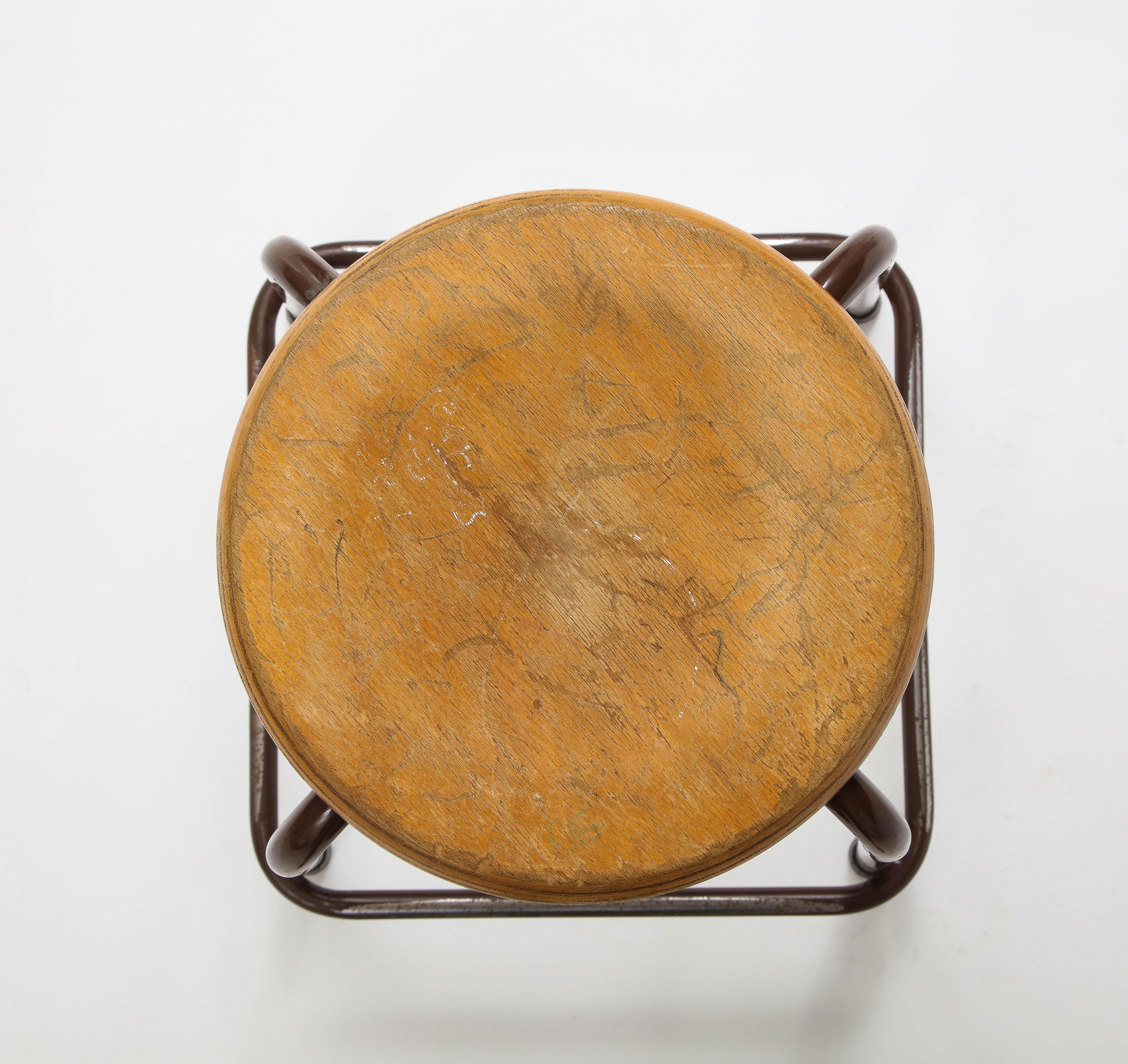 French Stool with a Wood Seat & Metal Base, c. 1950 5