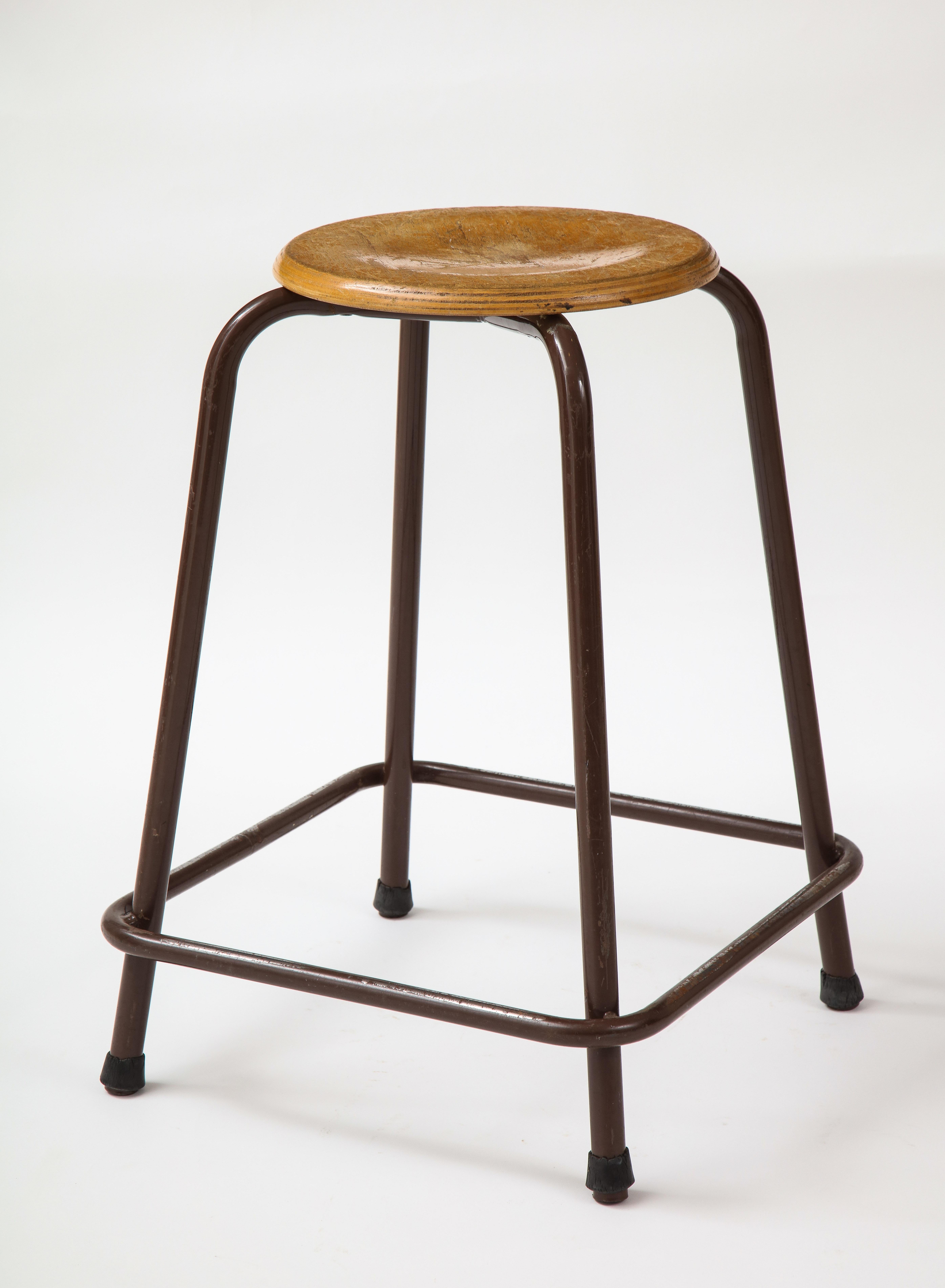 Industrial French Stool with a Wood Seat & Metal Base, c. 1950
