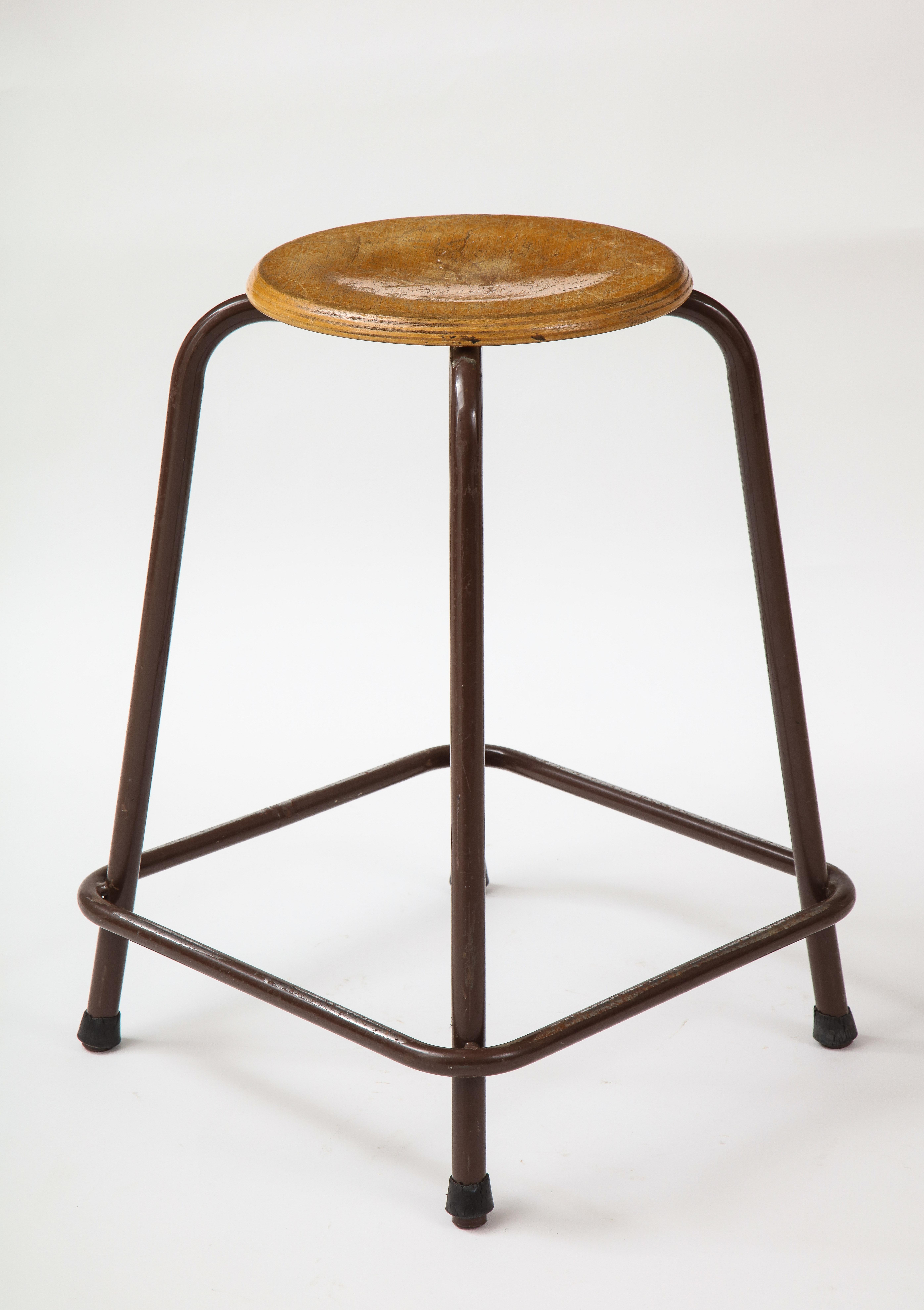 Mid-20th Century French Stool with a Wood Seat & Metal Base, c. 1950