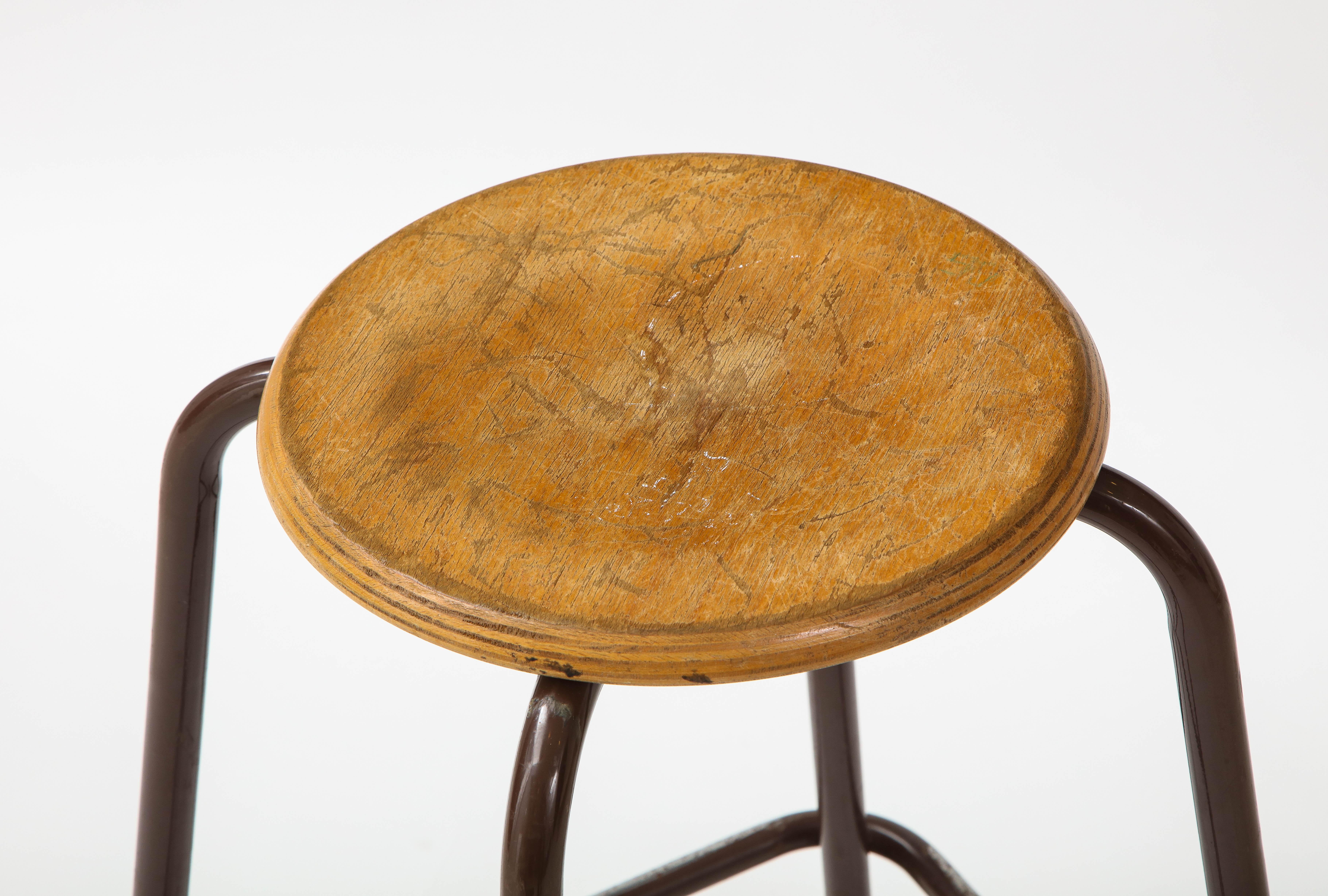 French Stool with a Wood Seat & Metal Base, c. 1950 1