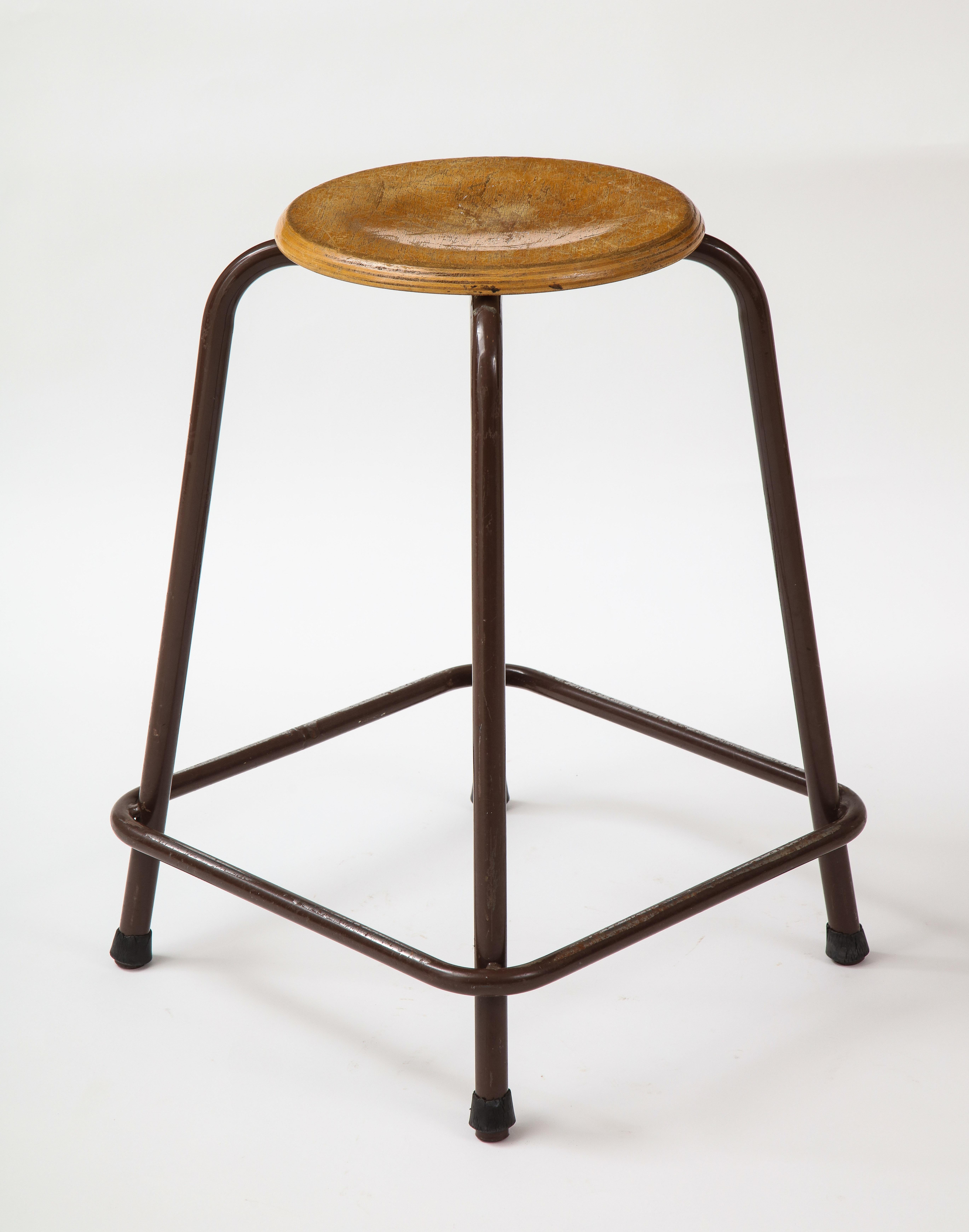 French Stool with a Wood Seat & Metal Base, c. 1950 2