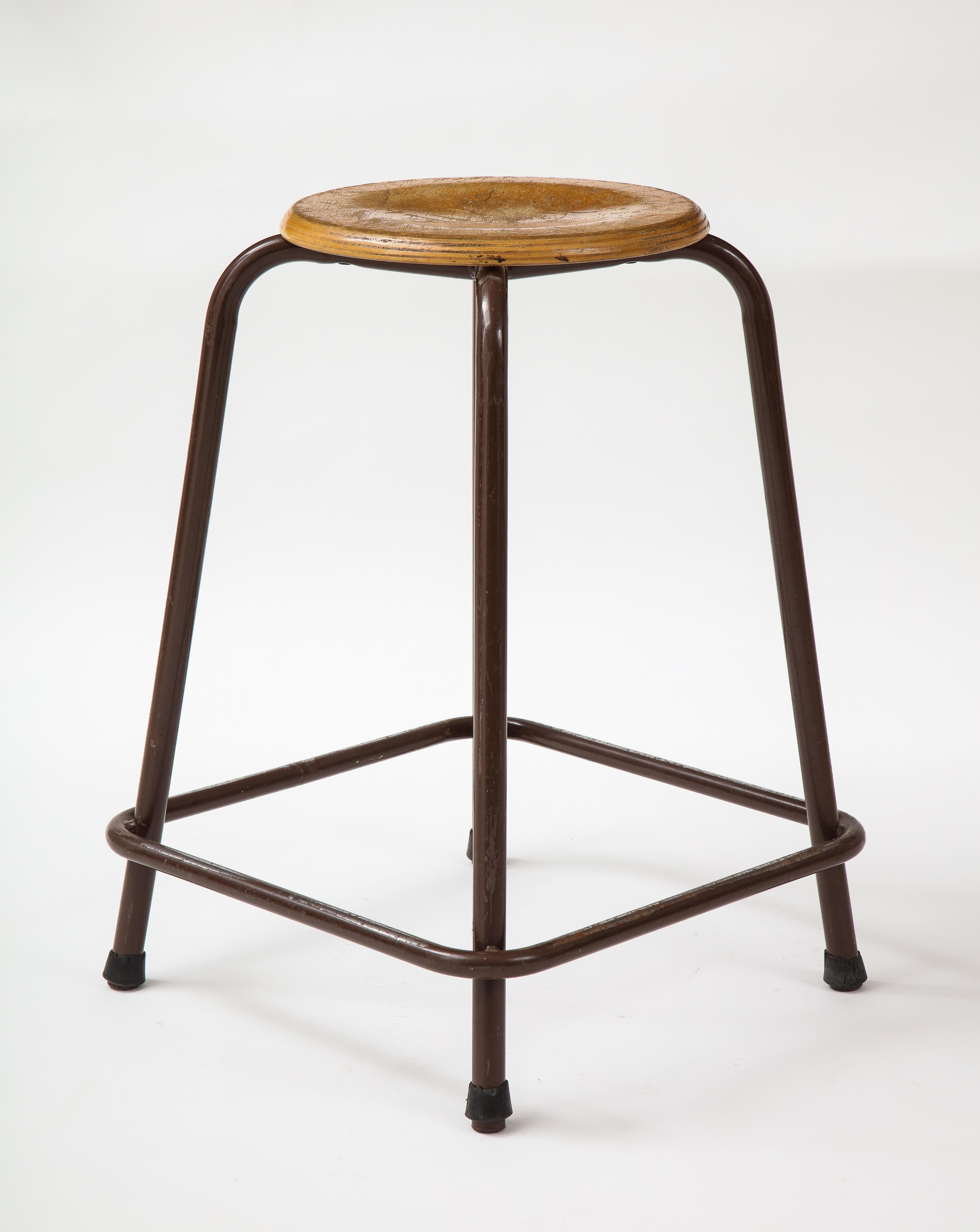 French Stool with a Wood Seat & Metal Base, c. 1950 3