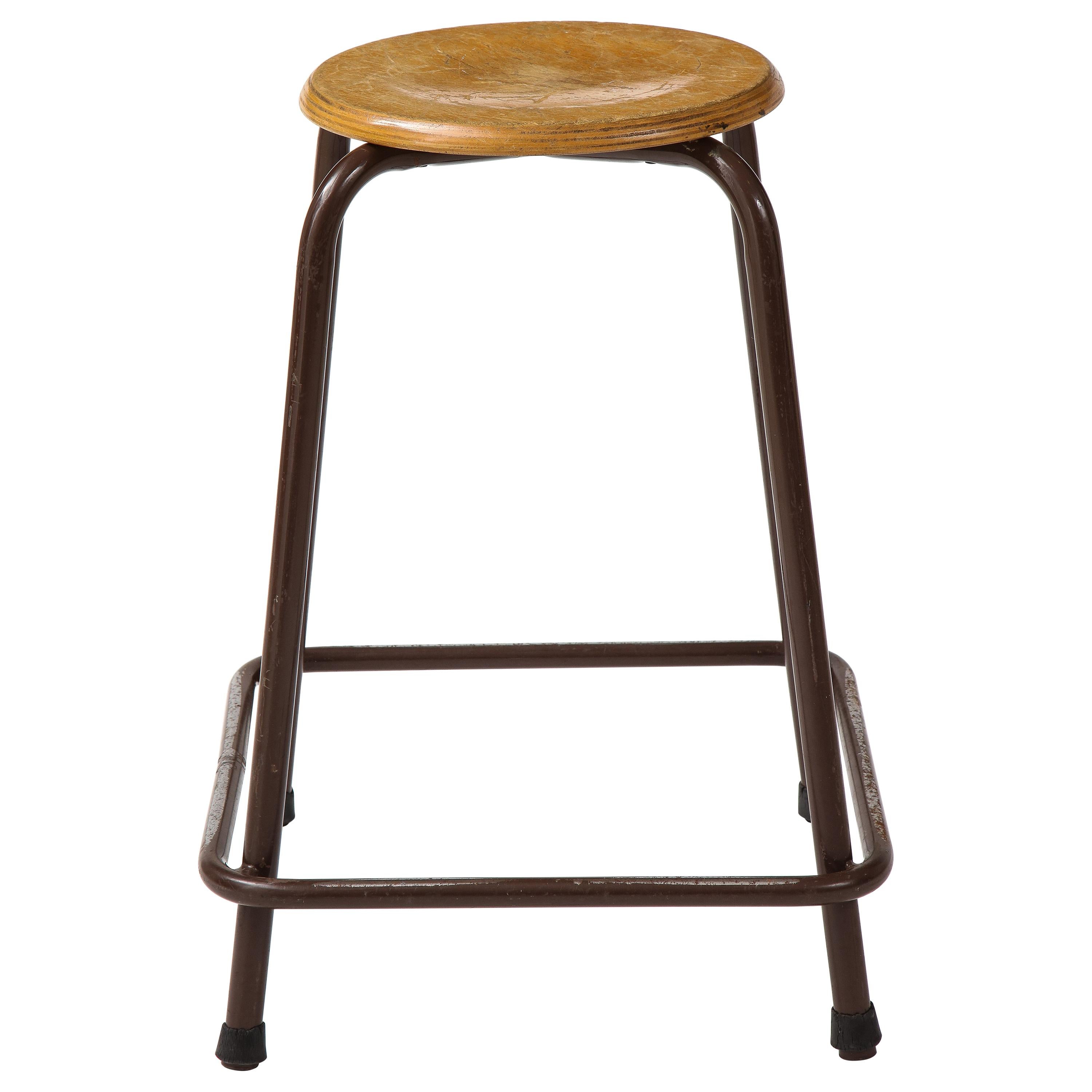 French Stool with a Wood Seat & Metal Base, c. 1950