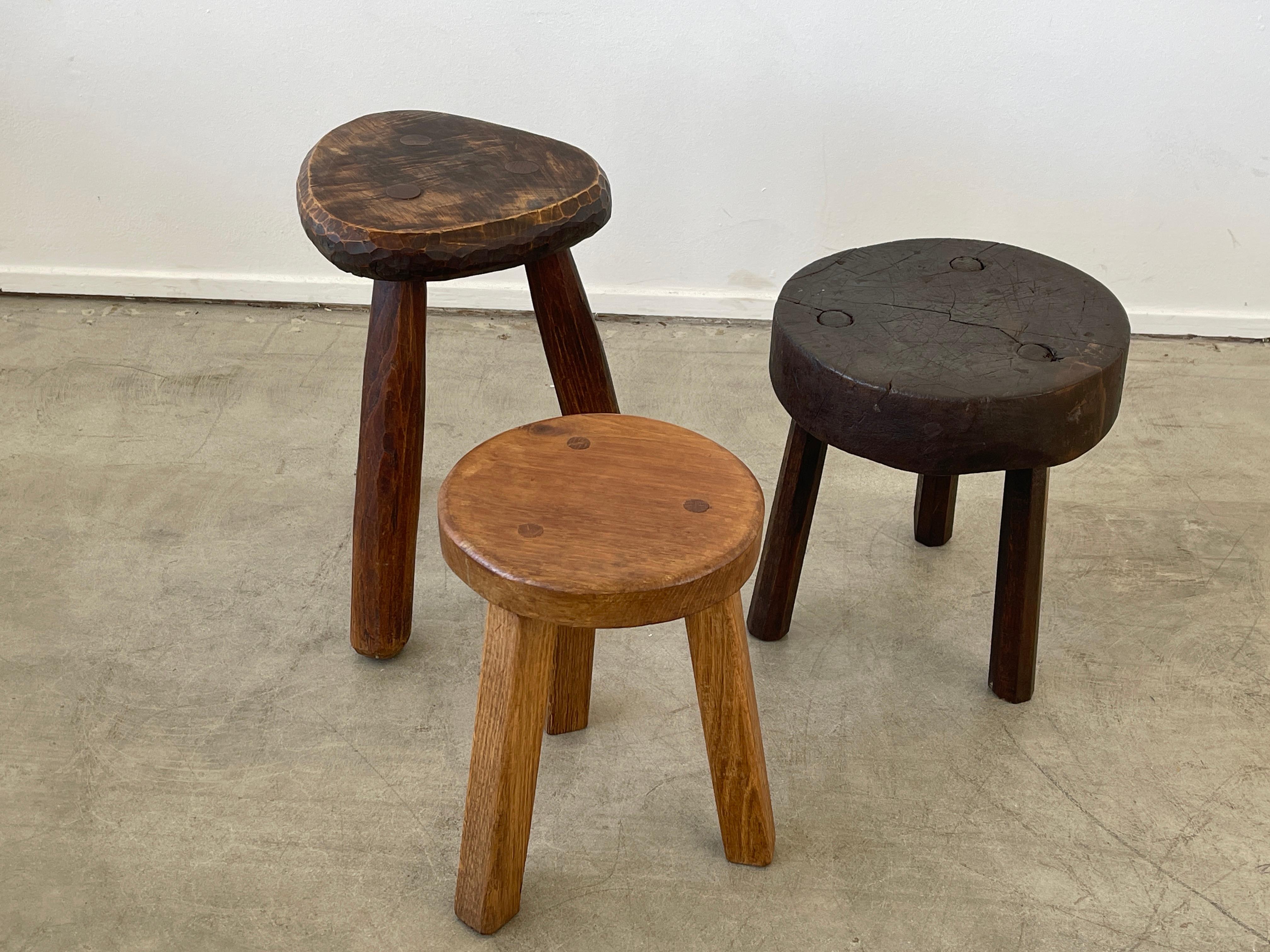 Collection of French primitive stools with wonderful patina to each 
Sold individually 

Measures: Tallest 17.50