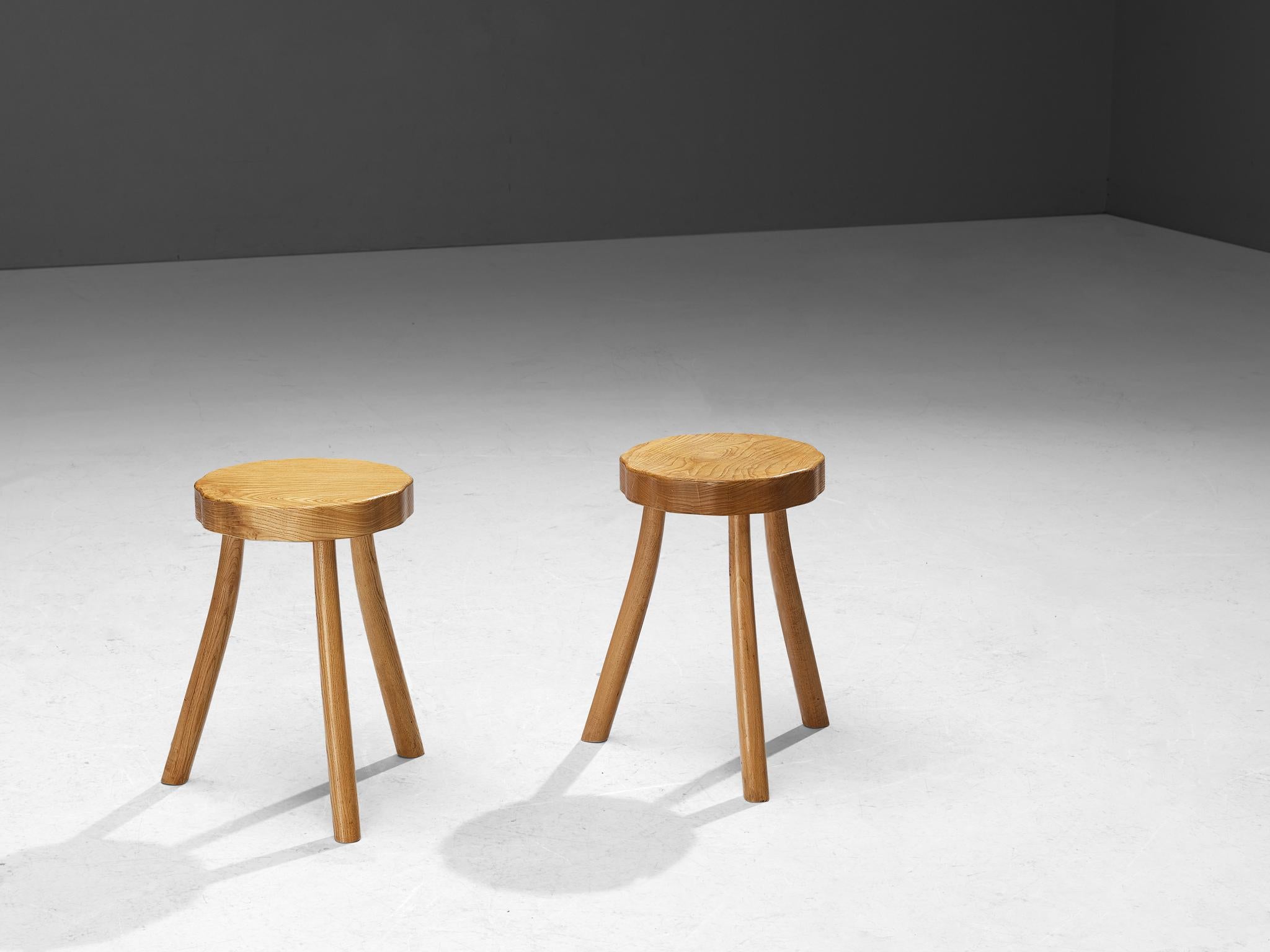 Late 20th Century French Stools in Elm with Organic Seat 