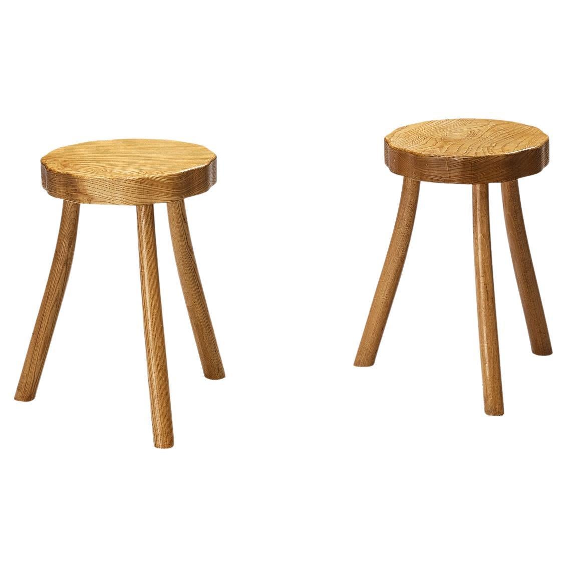 French Stools in Elm with Organic Seat For Sale