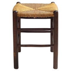 Vintage French Straw and Solid Wood Stool