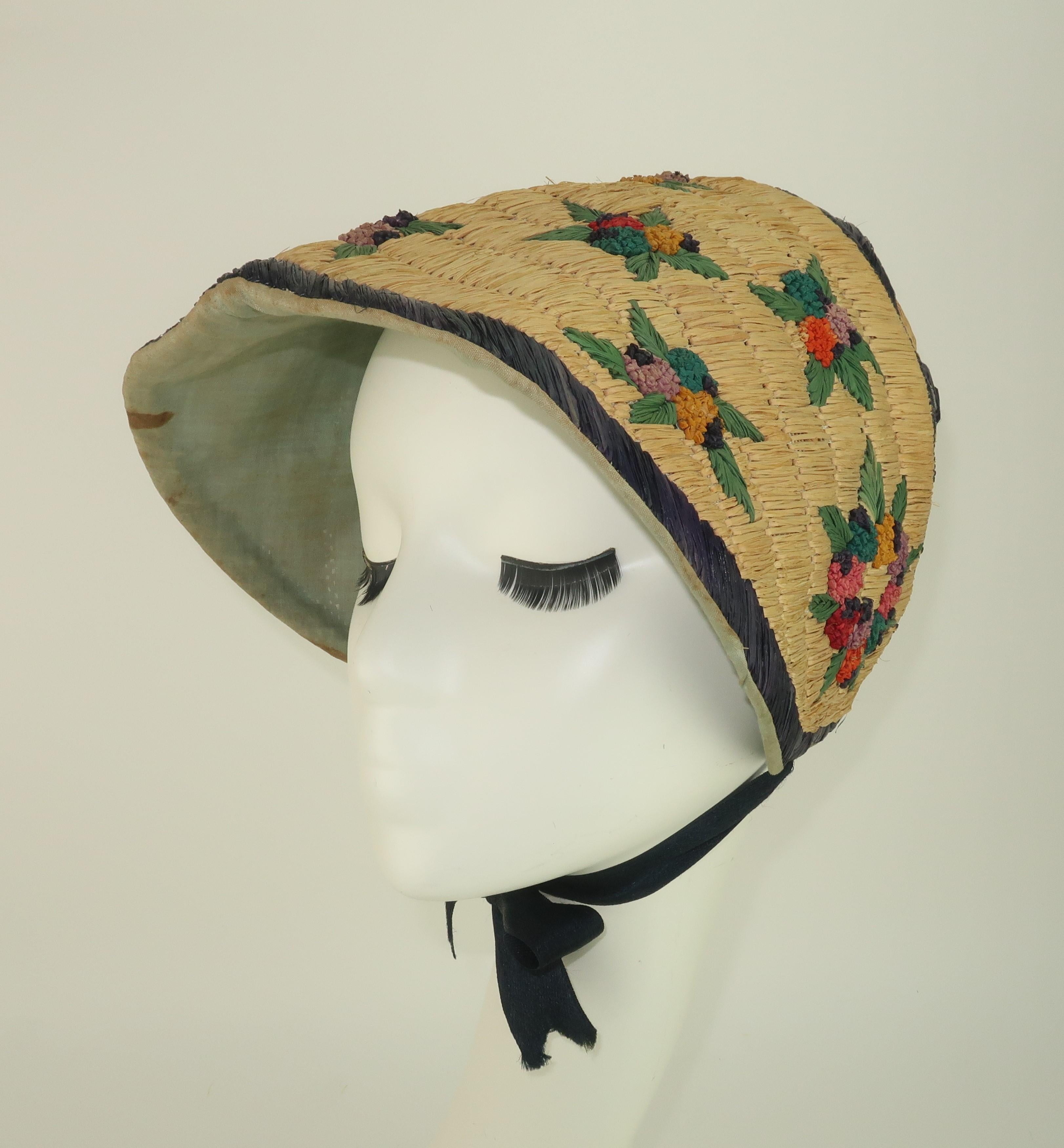 French Straw Garden Bonnet Hat, 1930's 1