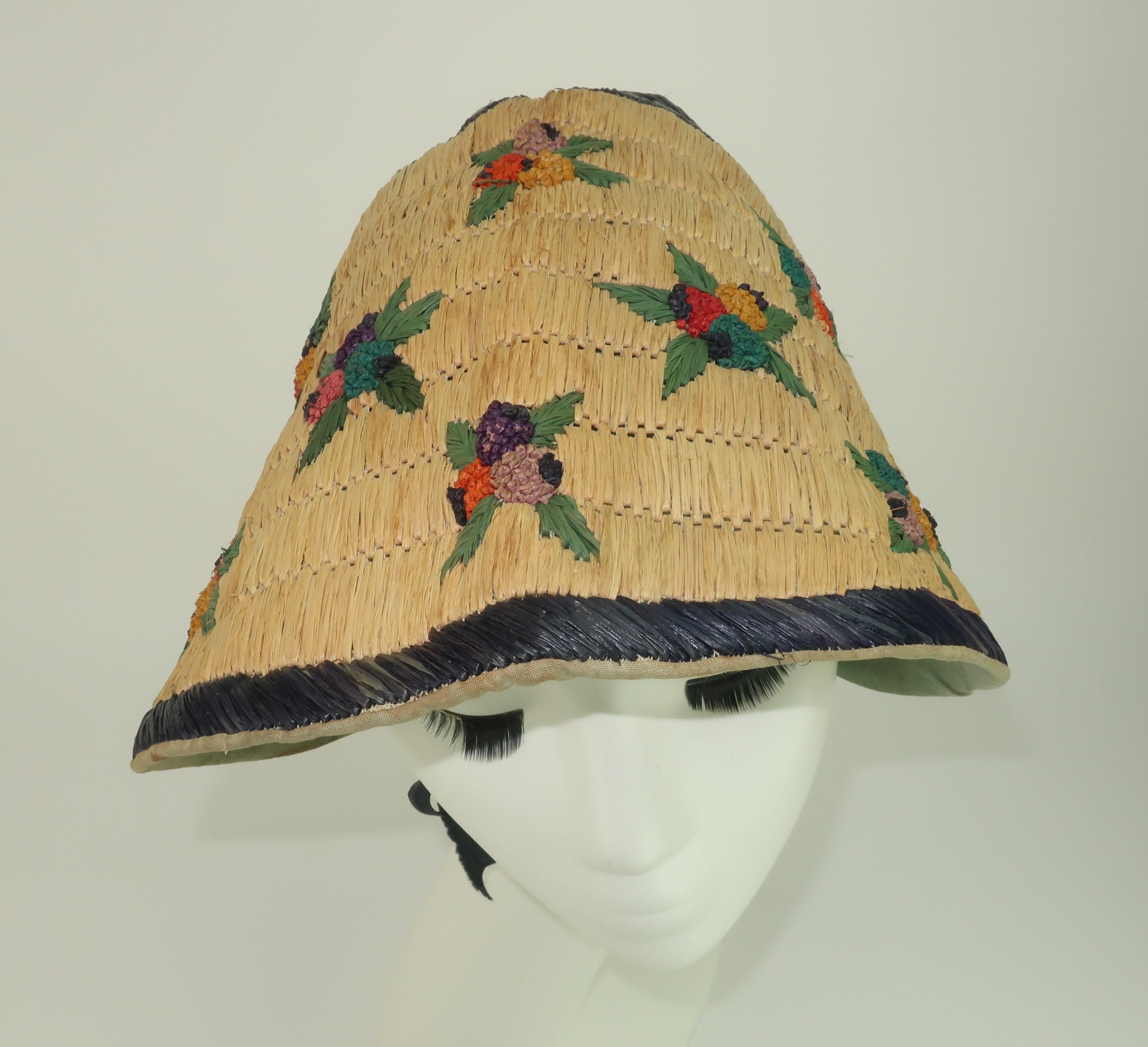 French Straw Garden Bonnet Hat, 1930's 2