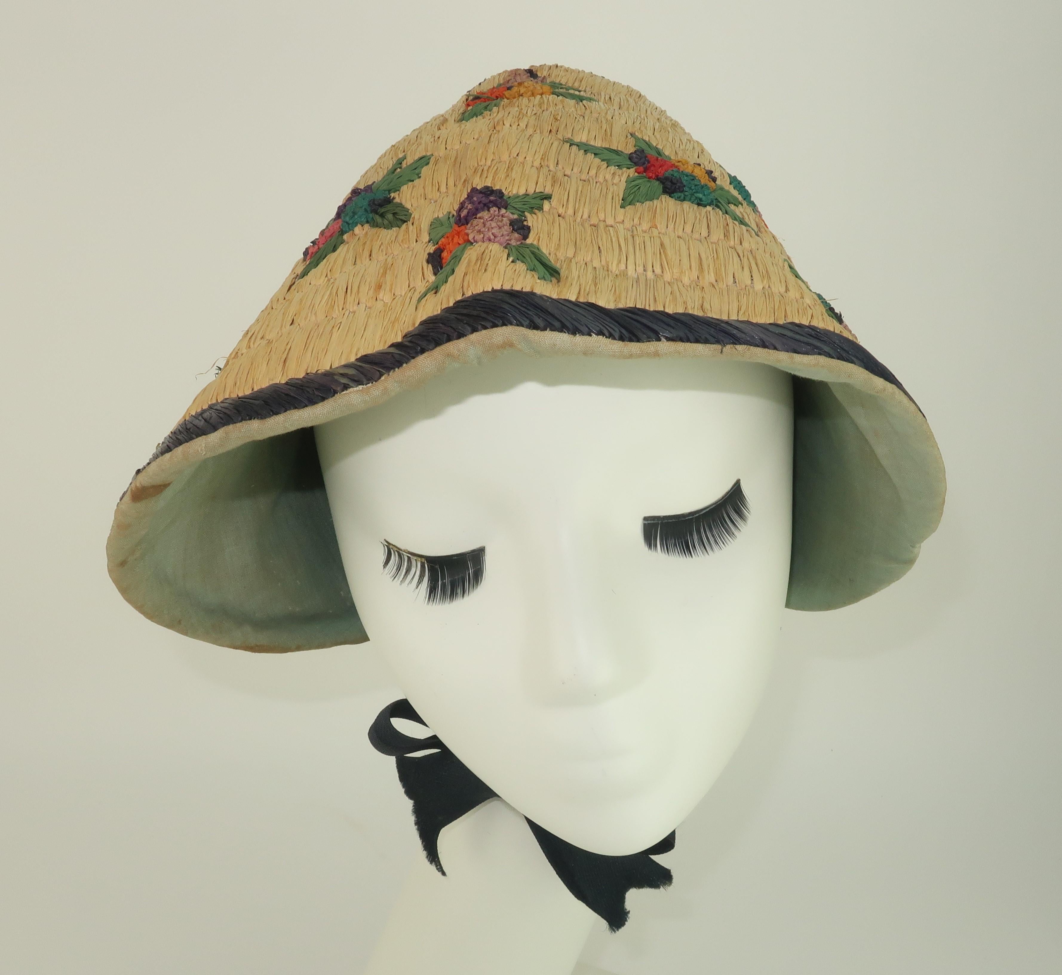 French Straw Garden Bonnet Hat, 1930's 3