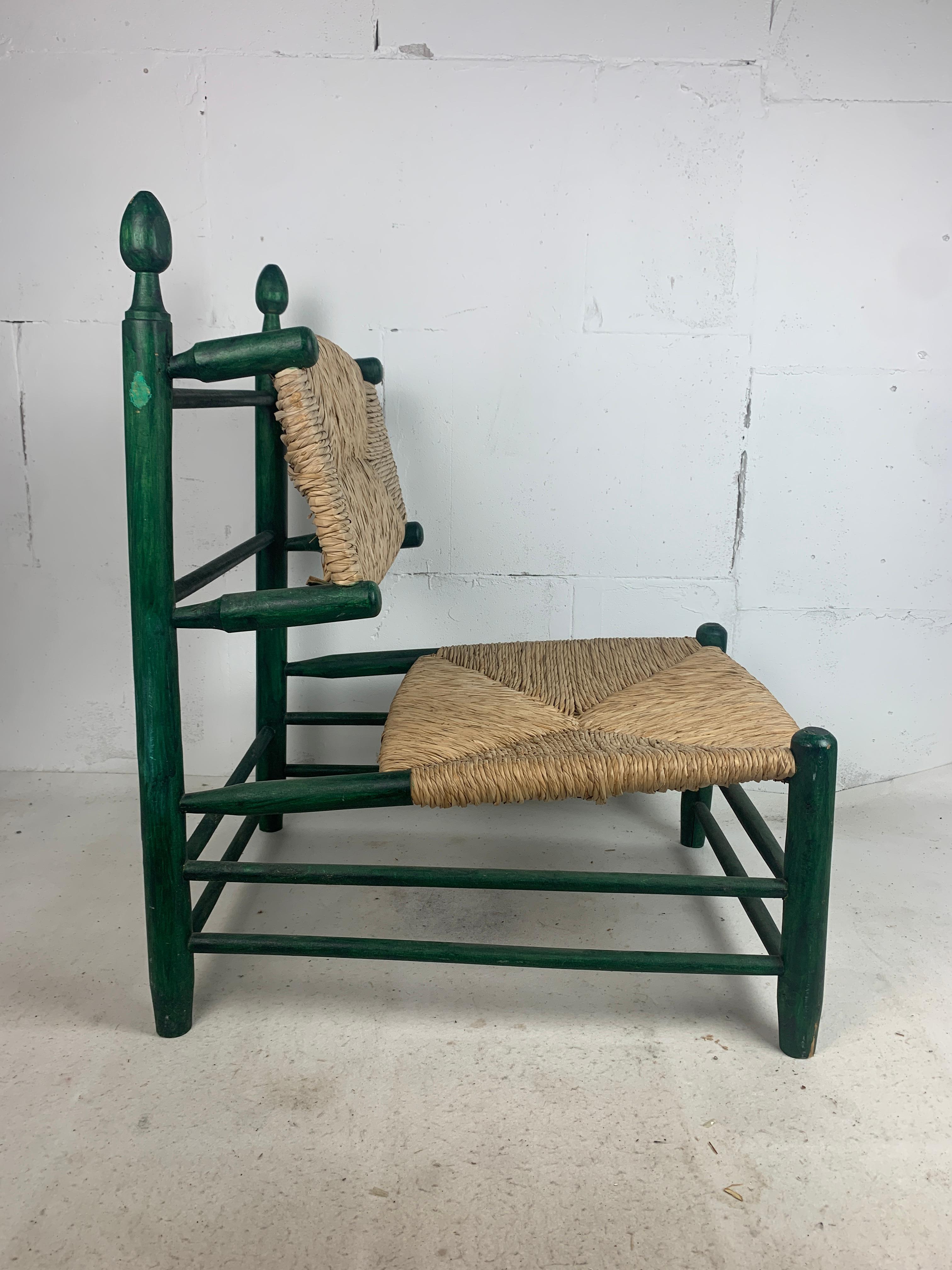 Rustic French straw rush low lounge chair in the style of Charles Dudouyt, 1950s For Sale
